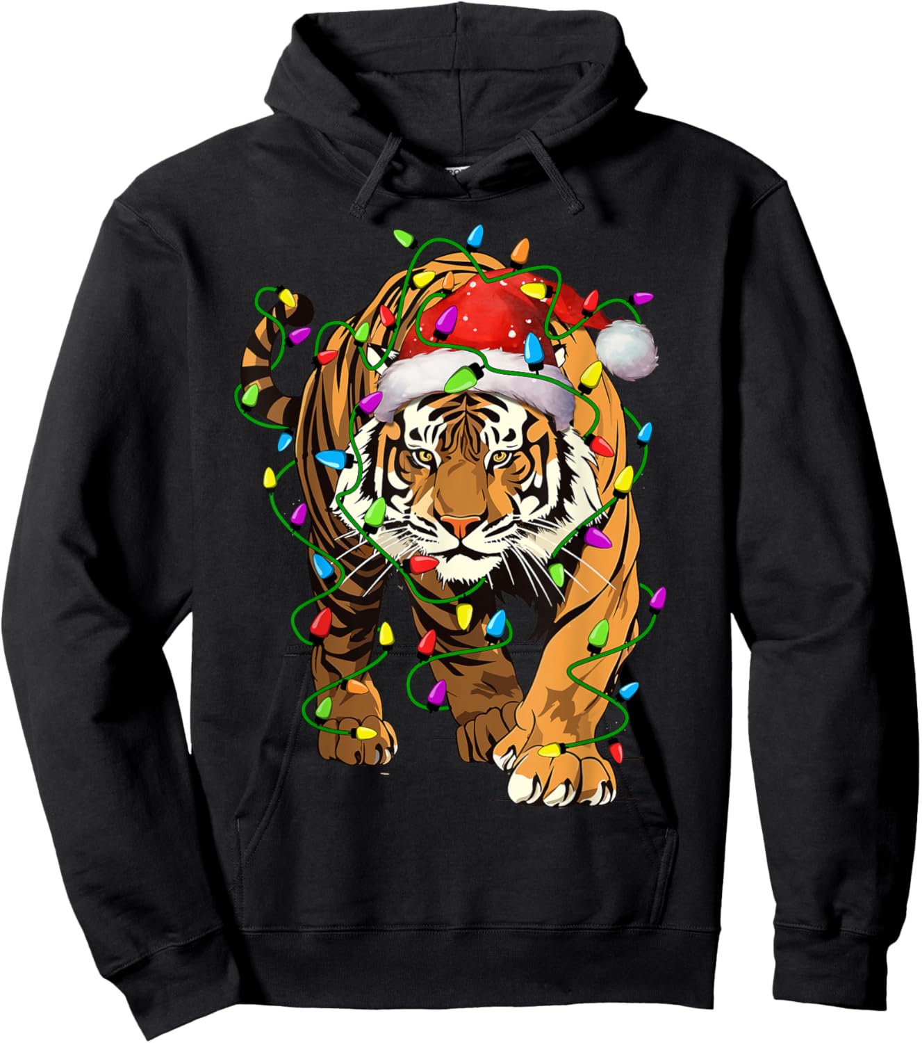 Tiger Santa Christmas Tree Lighting Xmas Funny Hoodie - Hoodie | Black