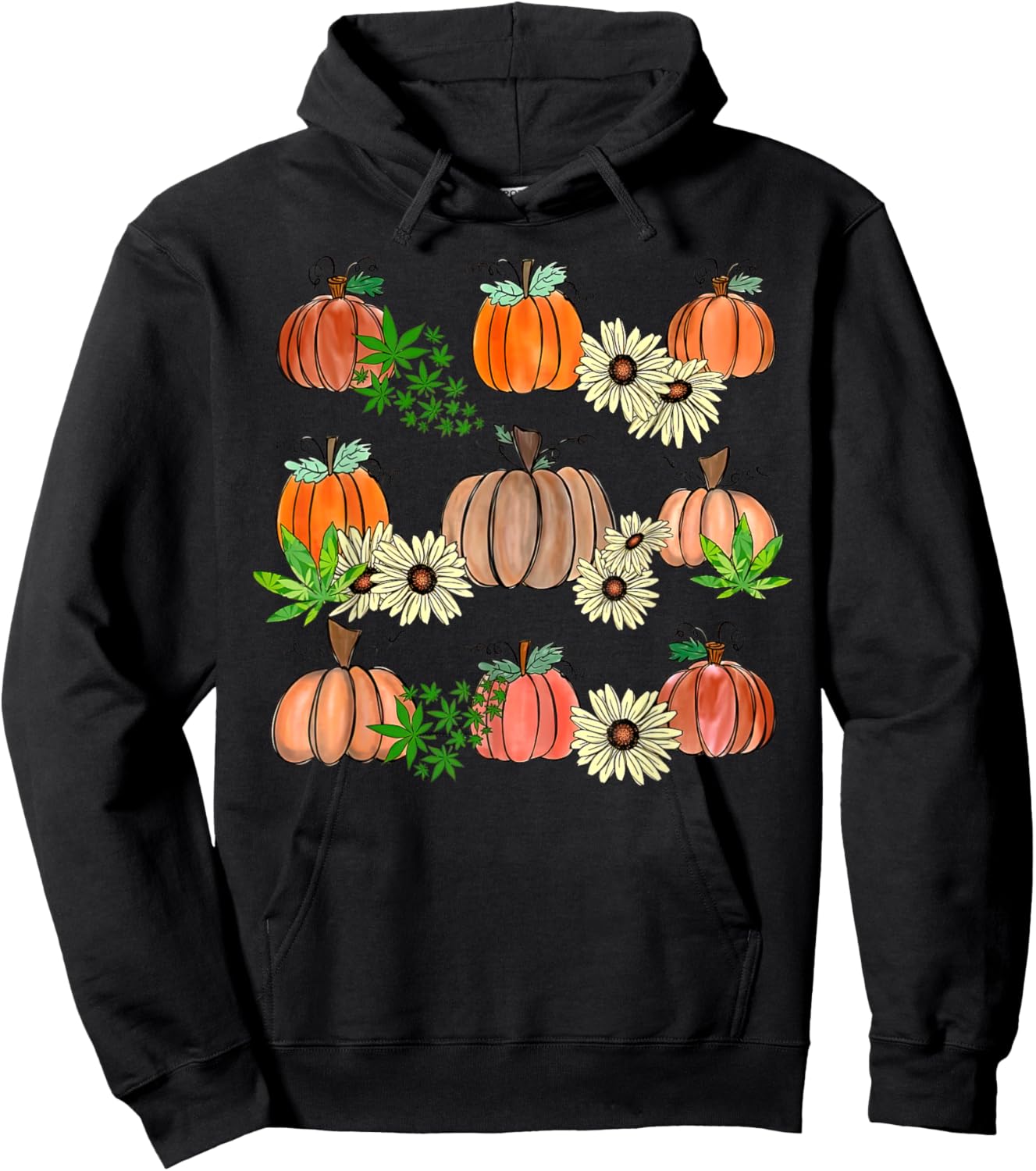Fall Weed Leaf Pumpkin Flower Marijuana Autumn Thanksgiving Hoodie - Hoodie | Black