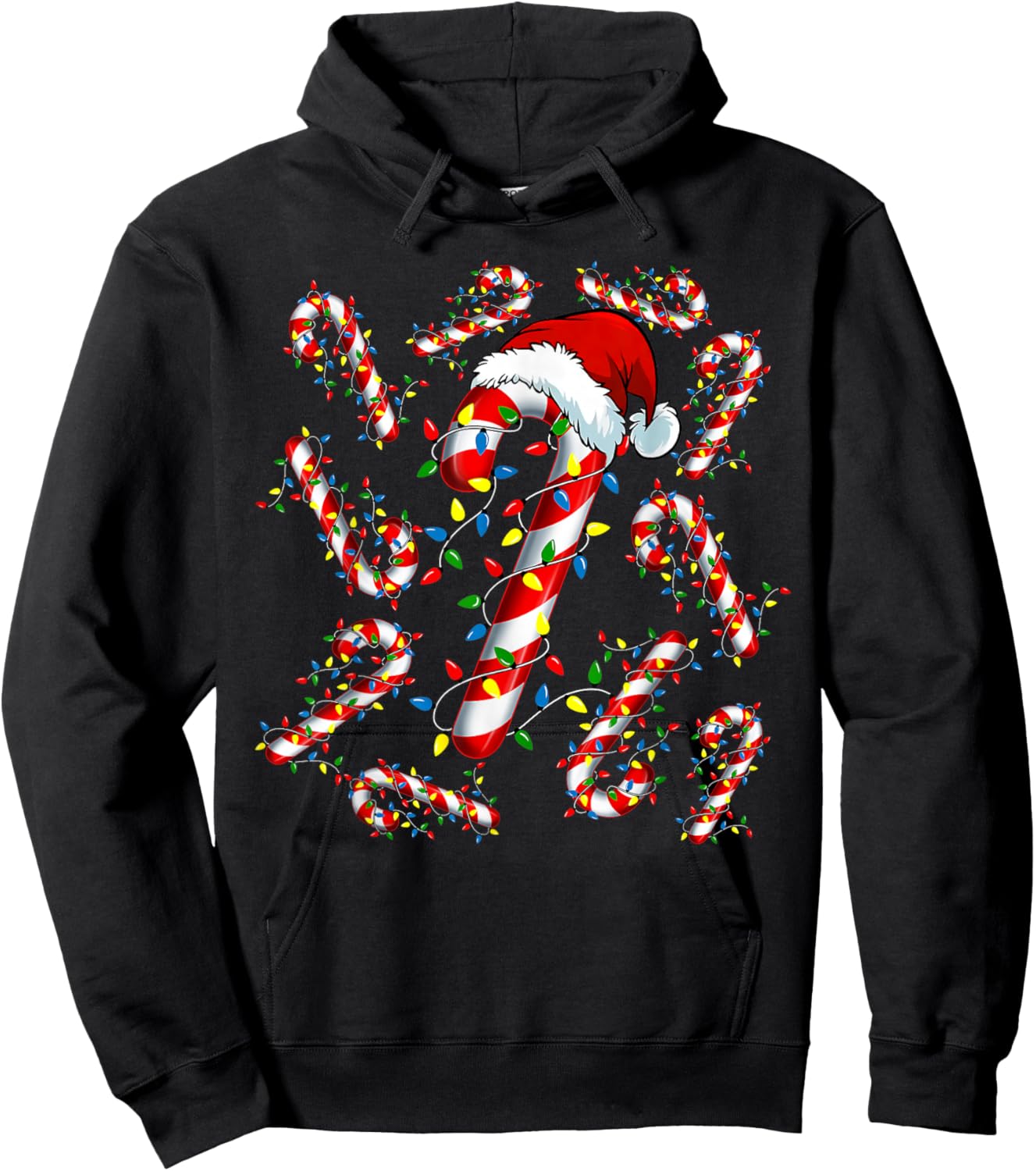 Red and White Candy Cane Santa Funny Christmas Xmas Lights Hoodie - Hoodie | Black