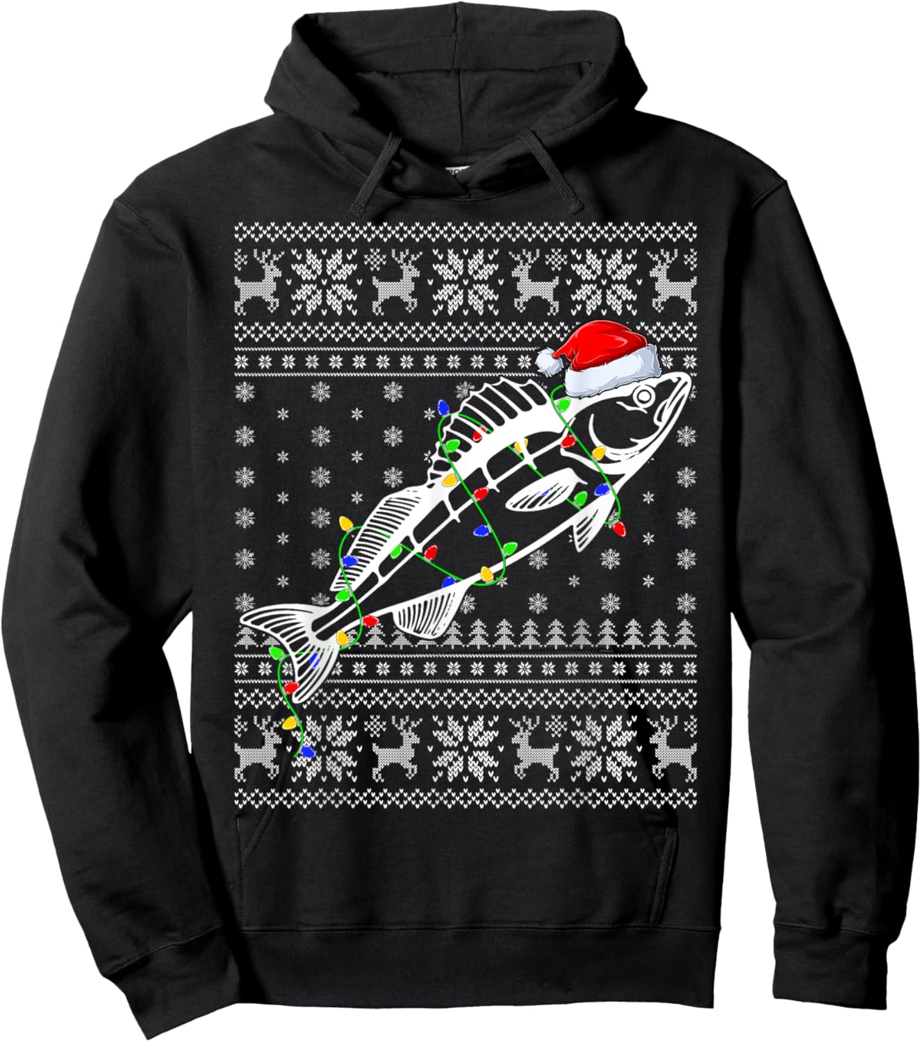 Ugly Sweater Xmas Lights Santa Hat Walleye Fish Christmas Hoodie - Hoodie | Black