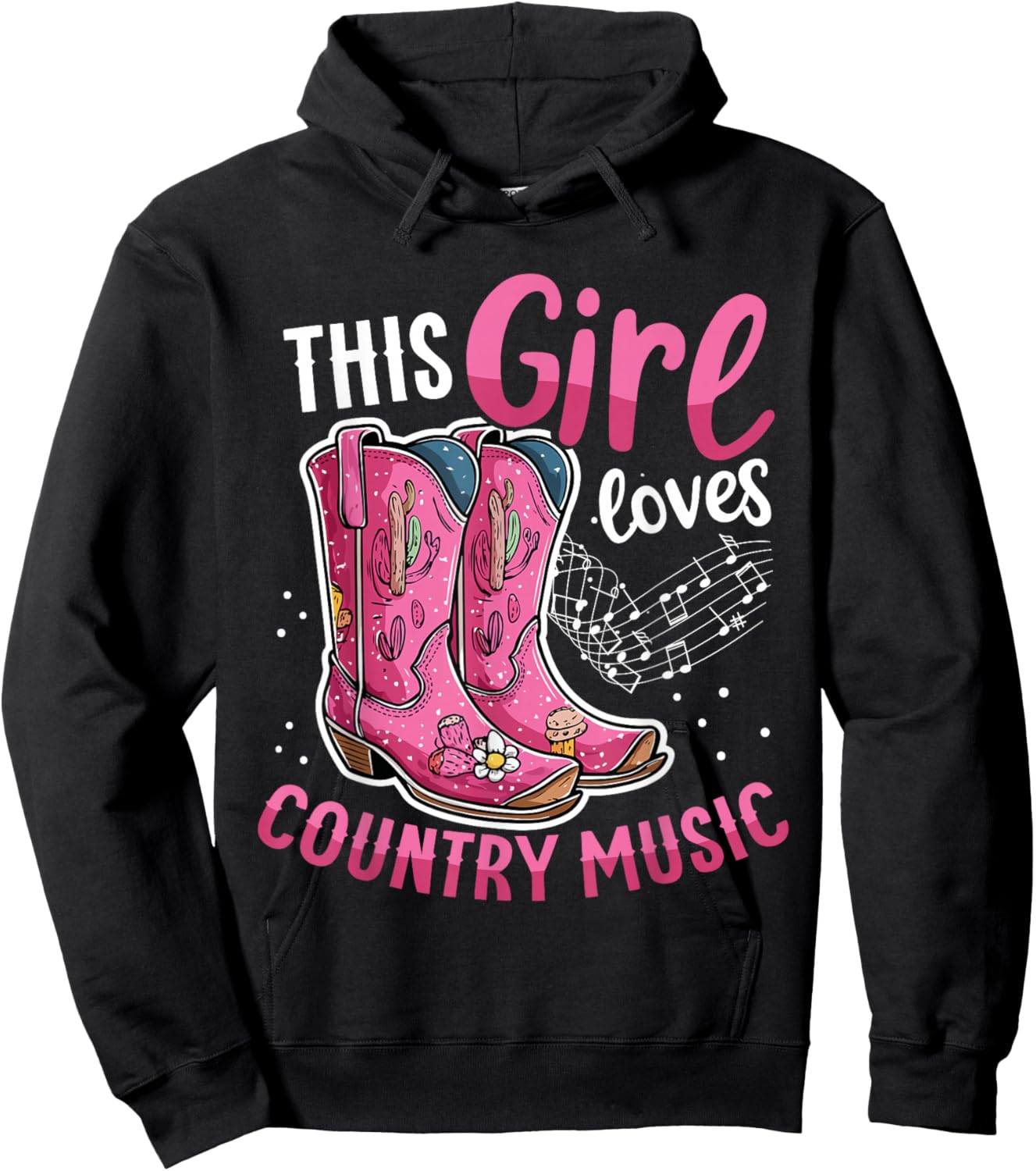 This girl Loves Country Music Pink Cowboy Boots Hoodie - Hoodie | Black