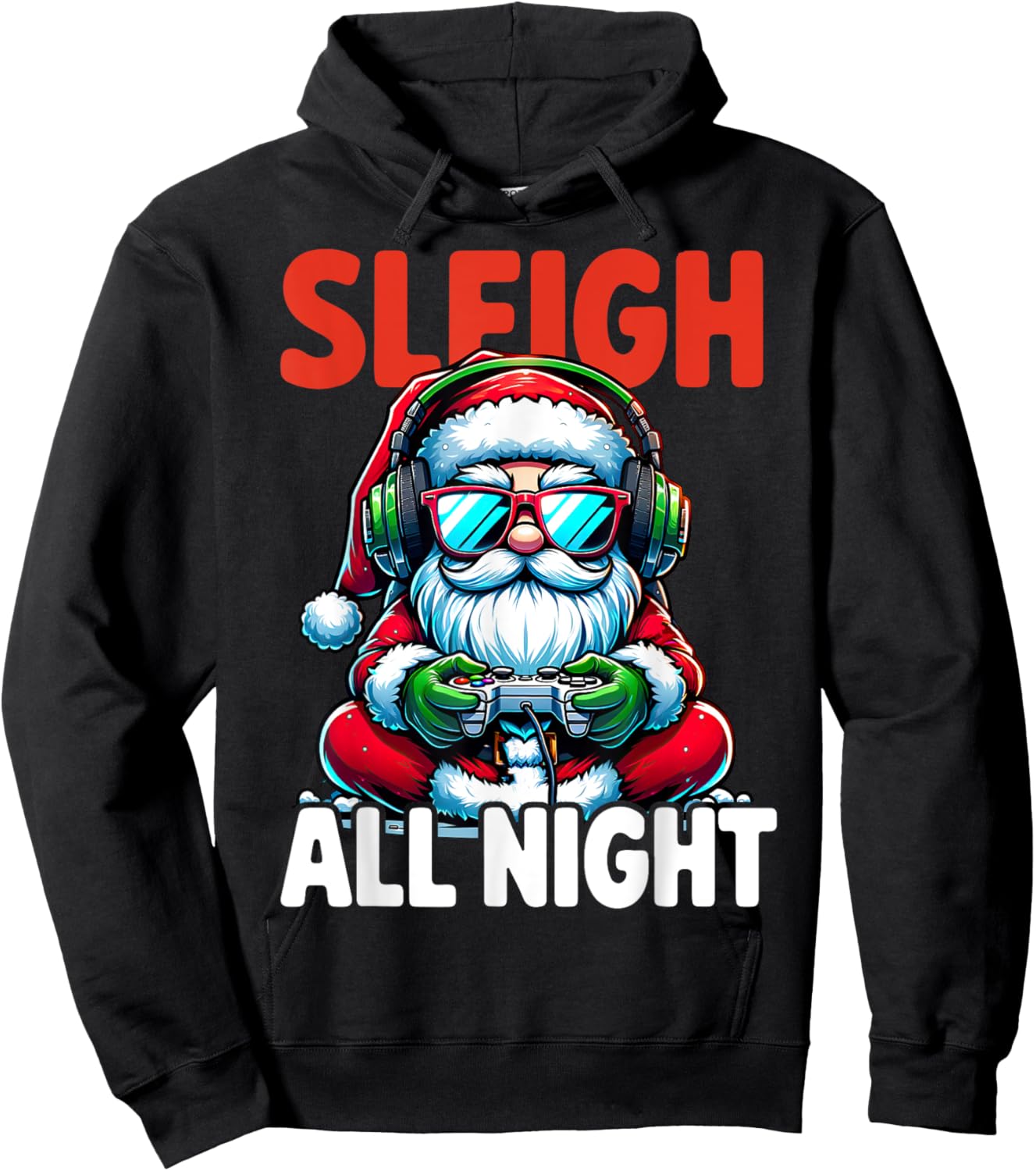 Christmas Gamer Boys Sleigh All Night Video Game Santa Xmas Hoodie - Hoodie | Black