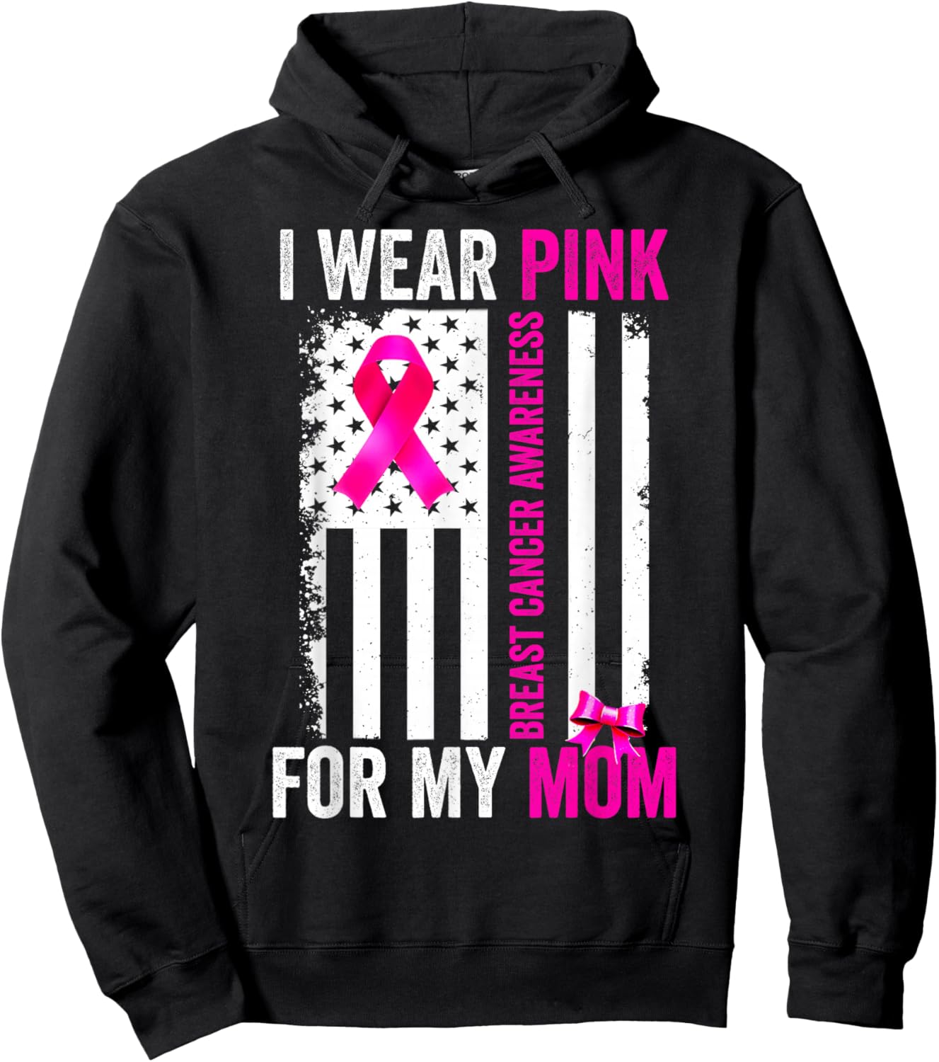 I Wear Pink For My Mom Breast Cancer Awareness American Flag Hoodie - Hoodie | Black