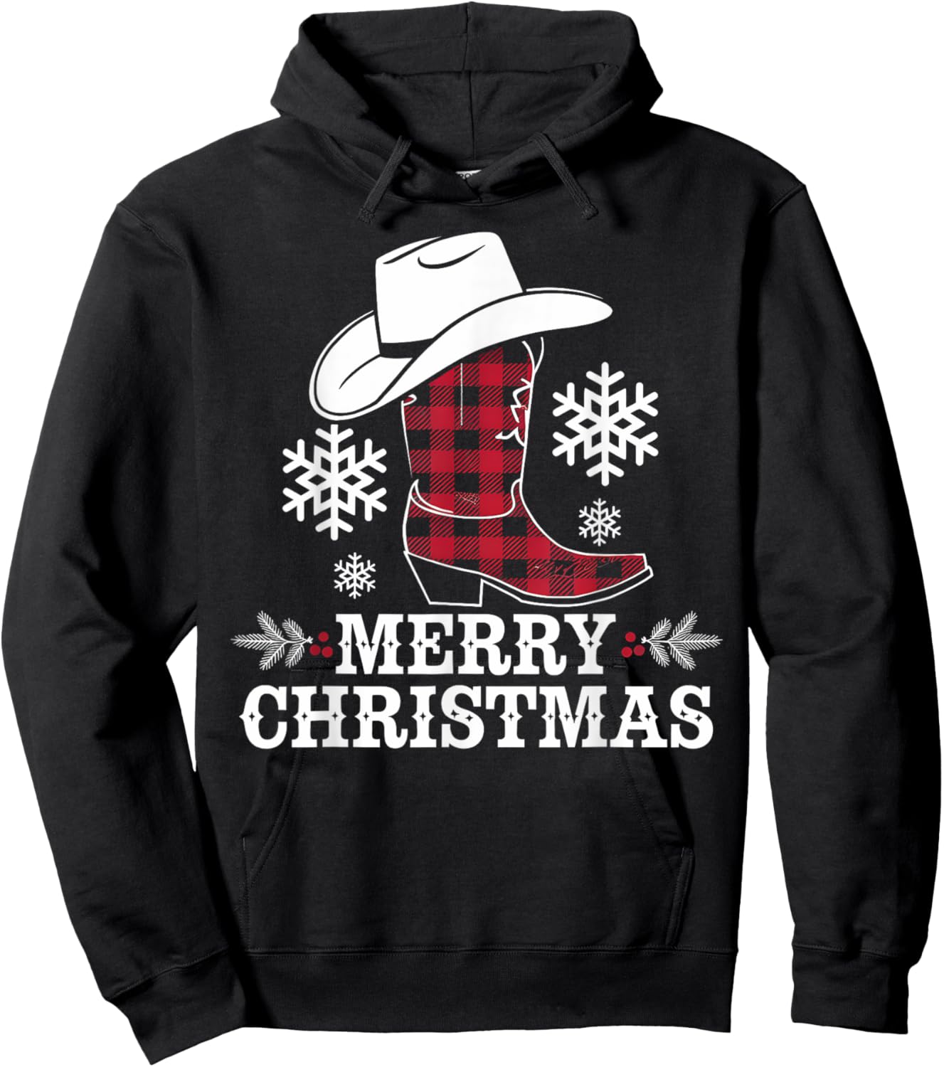 Christmas Cowboy Boot Plaid Xmas Western Country Cowgirl Hoodie - Hoodie | Black