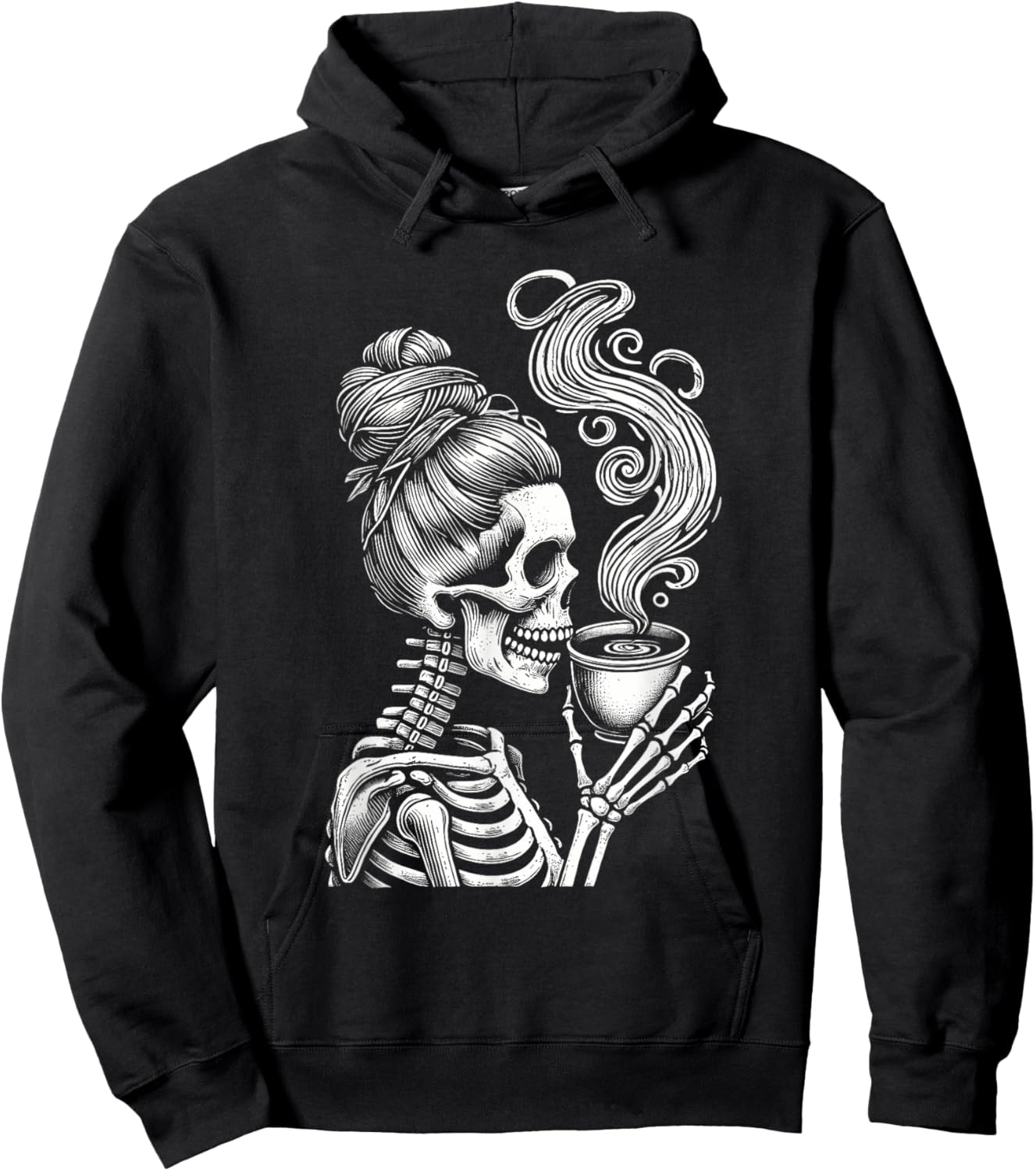 Messy Bun Skeleton Drinking Coffee Funny Halloween Costume Hoodie - Hoodie | Black