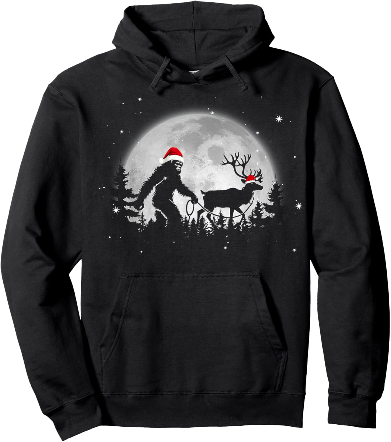 Funny Bigfoot Walking Reindeer Full Moon Christmas Sasquatch Hoodie - Hoodie | Black