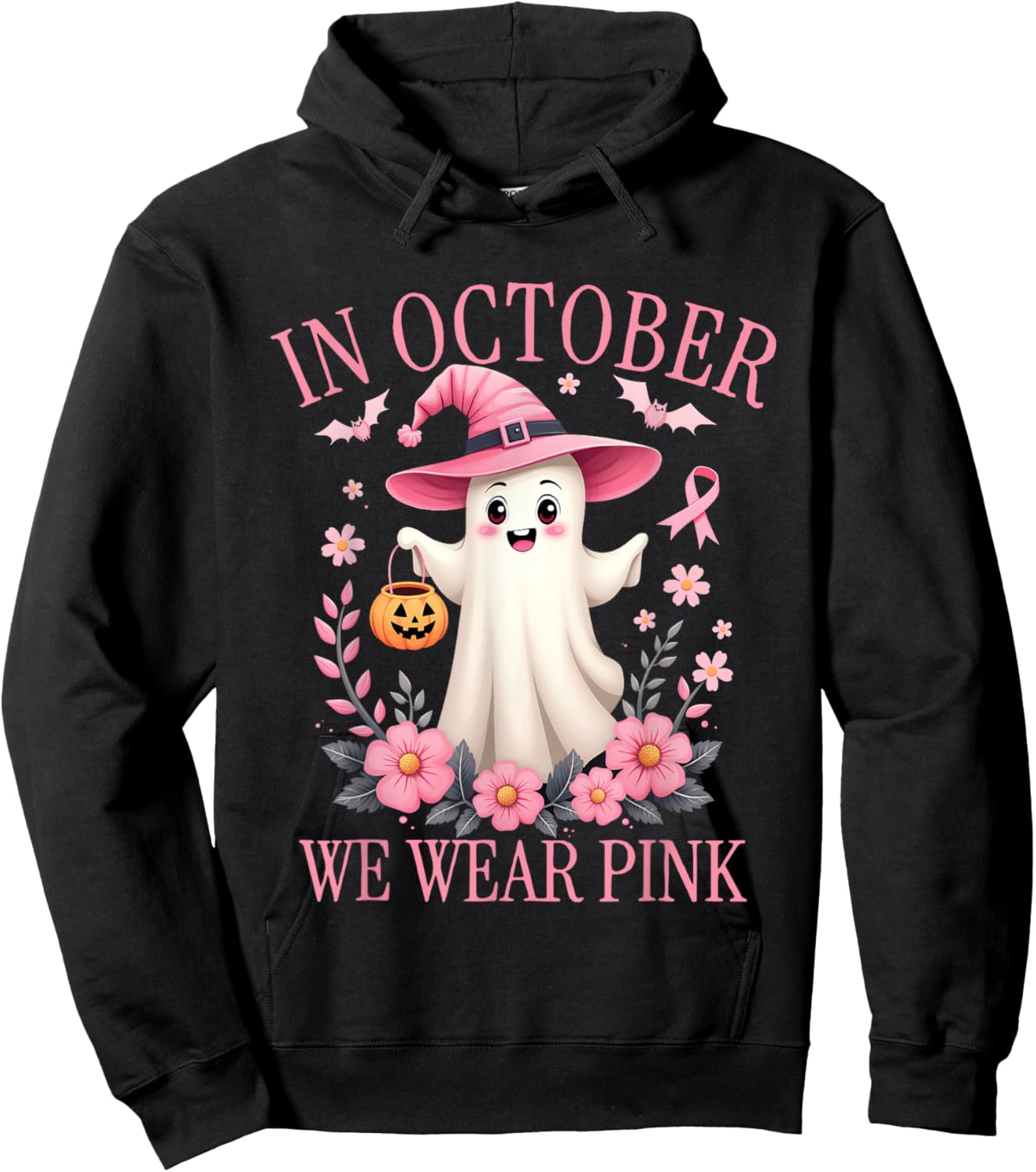 In October We Wear Pink Breast Cancer Awareness Halloween Hoodie - Hoodie | Black