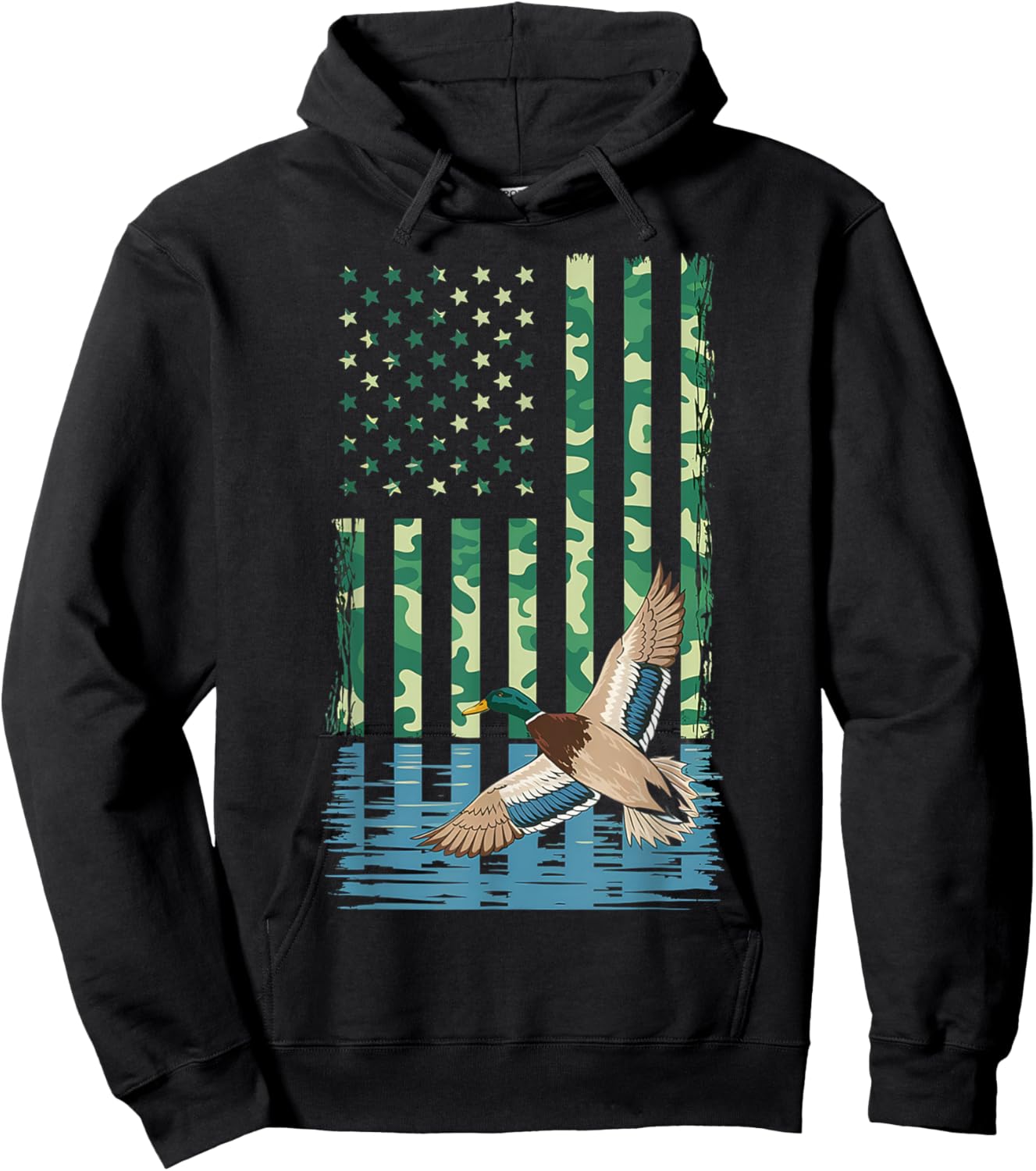 Duck Hunting Shirt Camo American Flag Hunting Gifts Men Boys Hoodie - Hoodie | Black