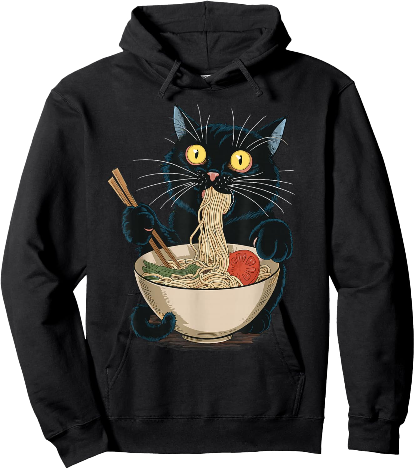 Funny Japanese Cat Eating Ramen Vintage Japanese Noodles Hoodie - Hoodie | Black