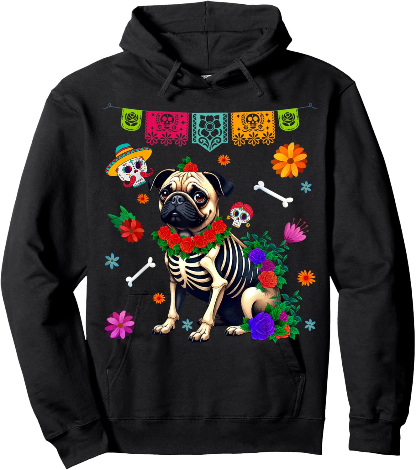 Funny Sugar Skull Pug Dog Flowers Dia de Muertos Halloween Women Hoodie - Hoodie | Black