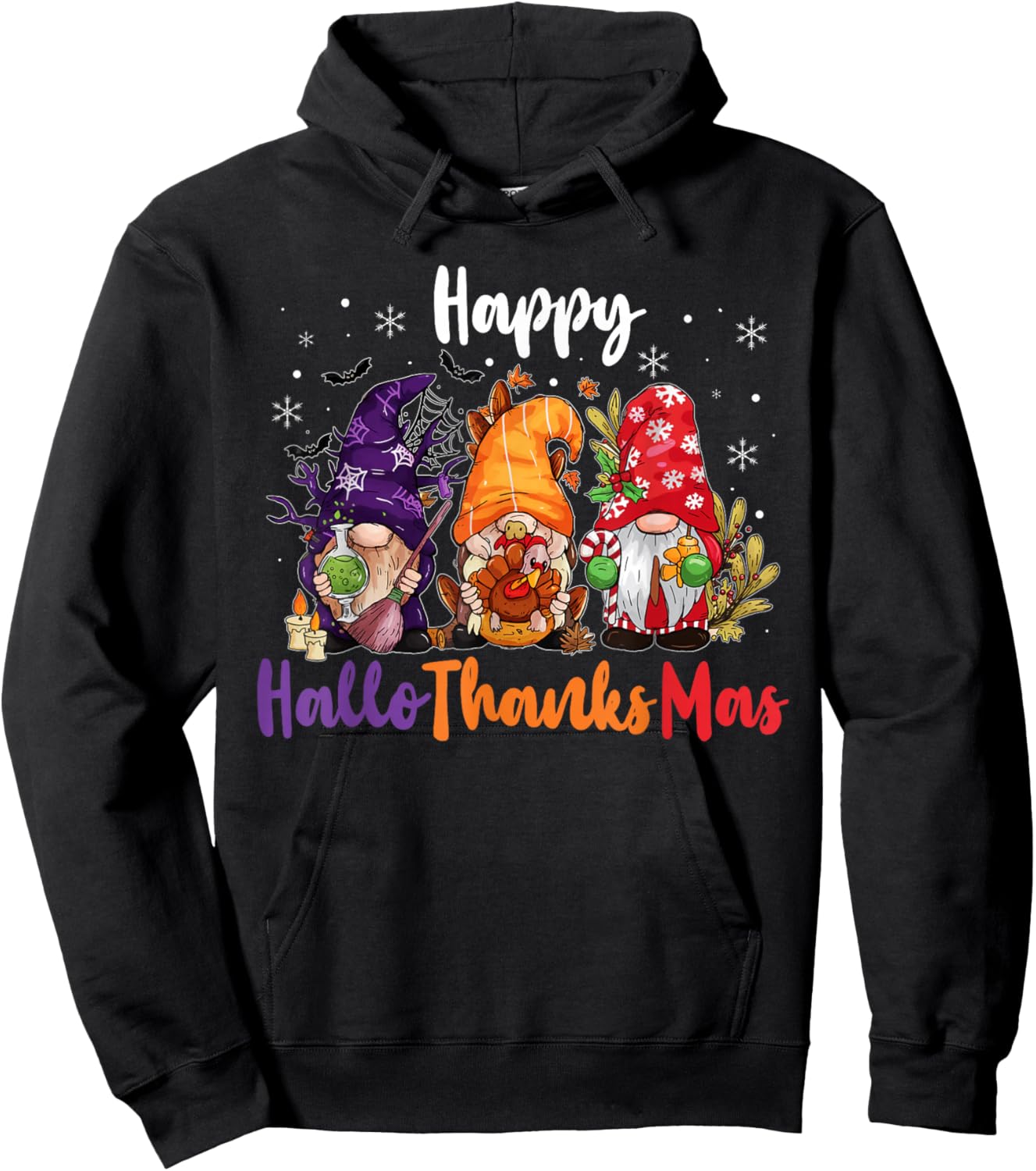 Happy Hallothanksmas Gnomes Lover Halloween Merry Christmas Hoodie - Hoodie | Black
