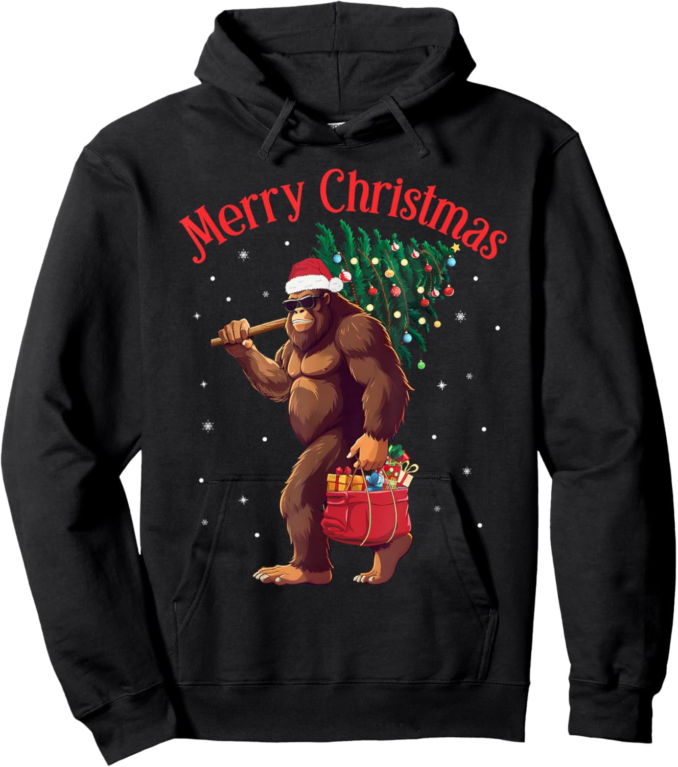 Bigfoot Merry Christmas Tree Lights Sasquatch Xmas Santa Hoodie - Hoodie | Black