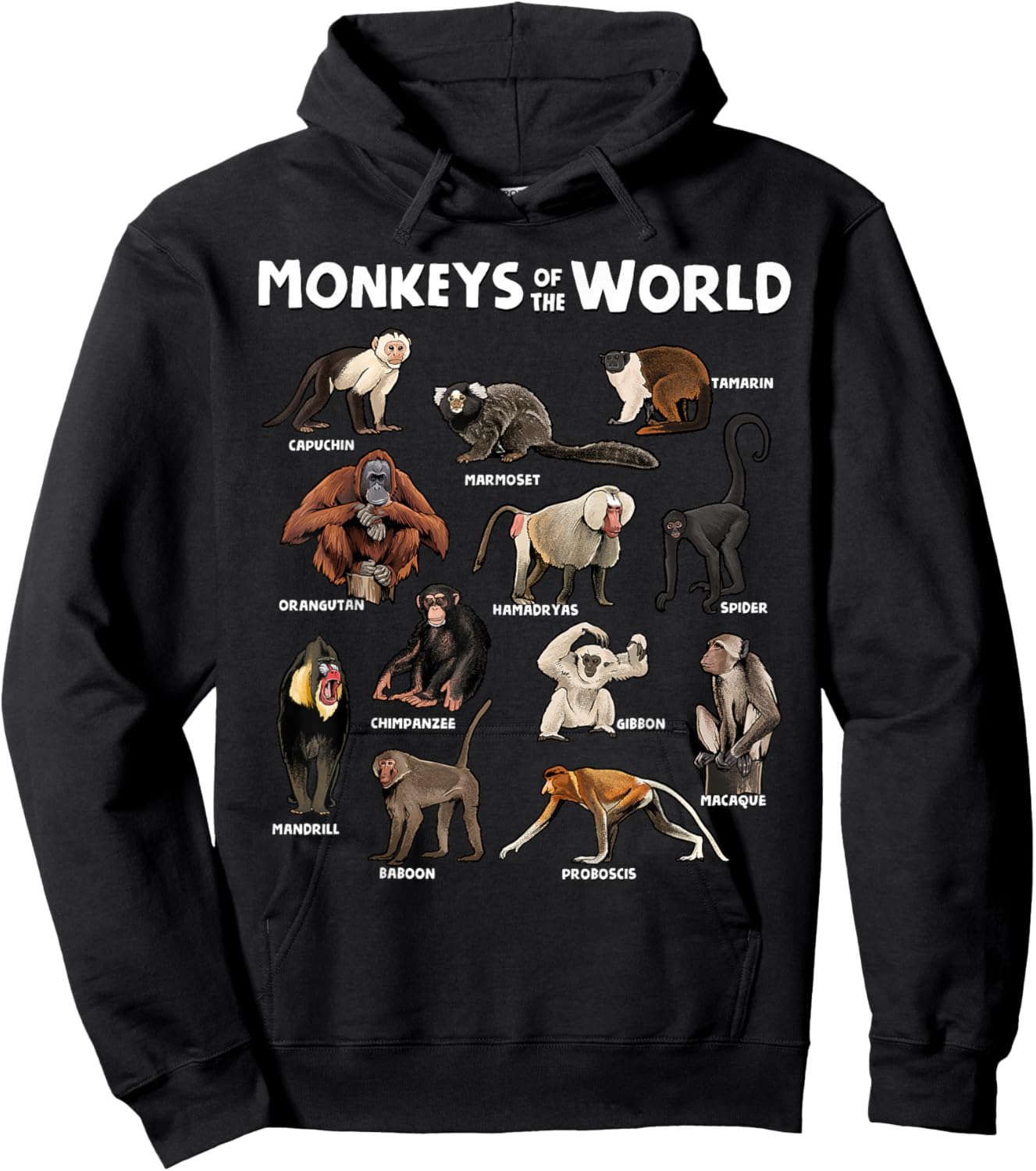 Monkeys of the World Realistic Animal Species Design Hoodie - Hoodie | Black