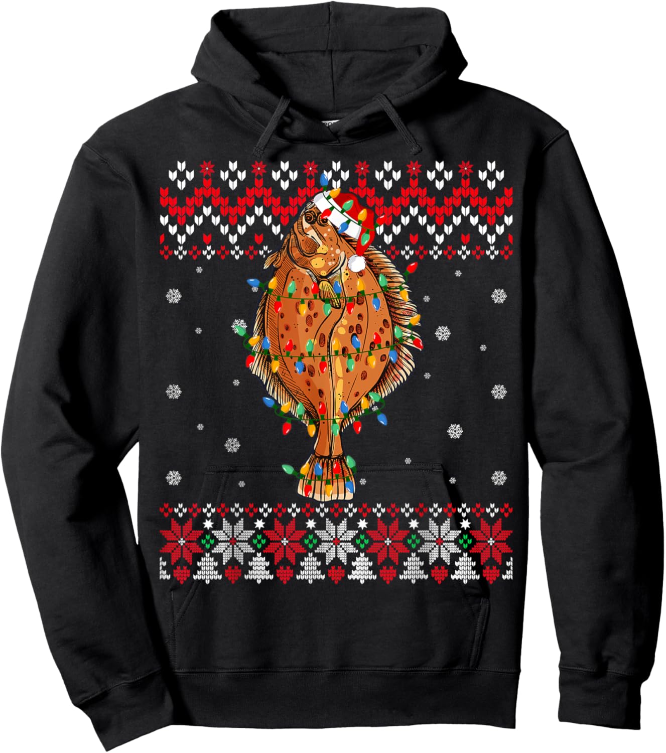 Flounder Fish Santa Hat Men Women Kids Ugly Christmas Light Hoodie - Hoodie | Black