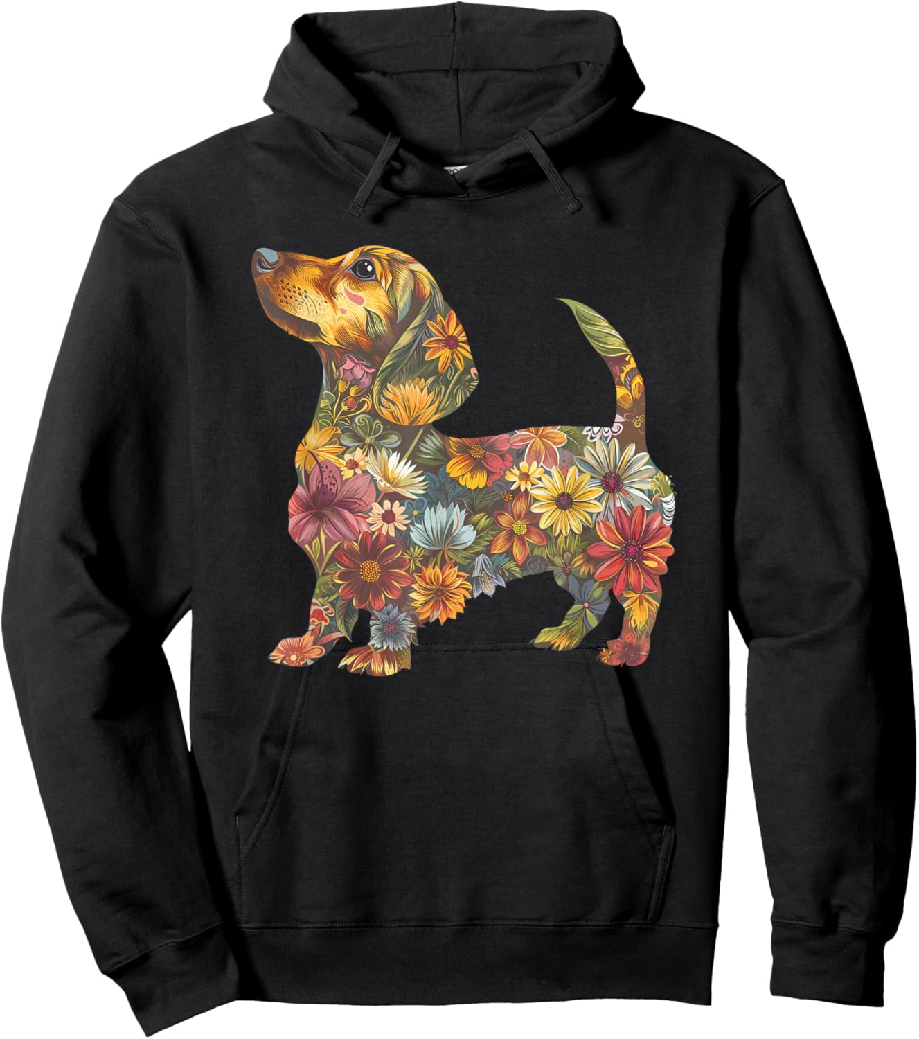 Dachshund Flower Funny Dog Silhouette Floral Gifts Women Men Hoodie - Hoodie | Black