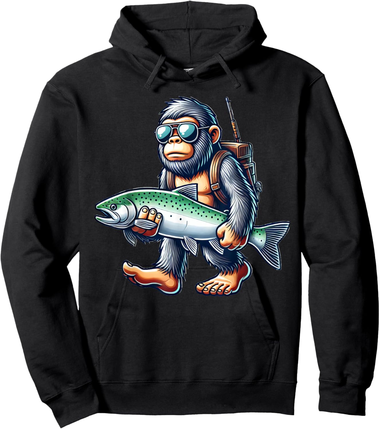 Fishing Bigfoot Lover Gift Co. Steelhead Fishing Bigfoot Trout River -Adults & Kids , Black, Small, Short Sleeve Hoodie - Hoodie | Black
