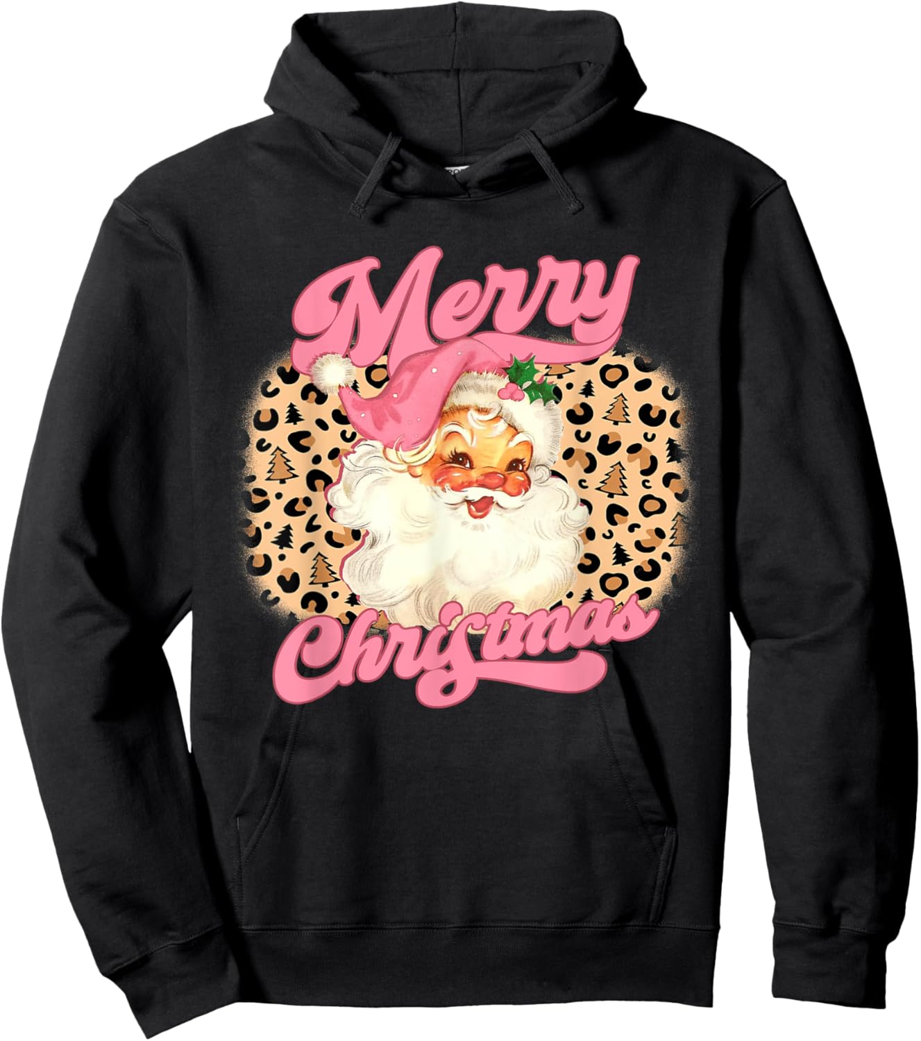 Merry Christmas Pink Santa Claus Leopard Print Women Girls Hoodie - Hoodie | Black