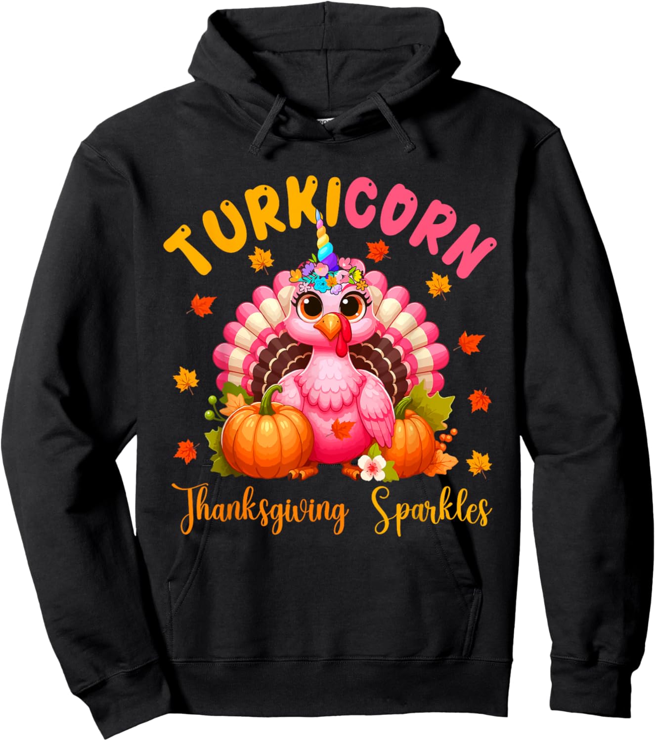 Turkicorn Thanksgiving Sparkles Cute Turkey Unicorn Floral Hoodie - Hoodie | Black