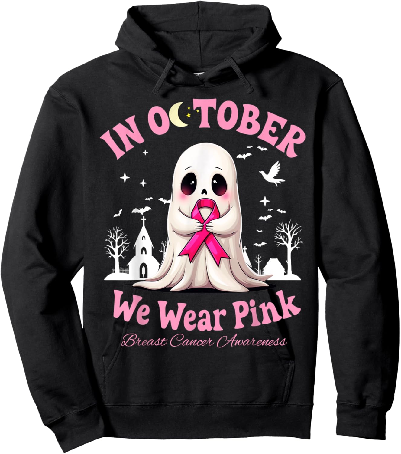 In October We Wear Pink Cute Ghost Breast Cancer Hoodie - Hoodie | Black