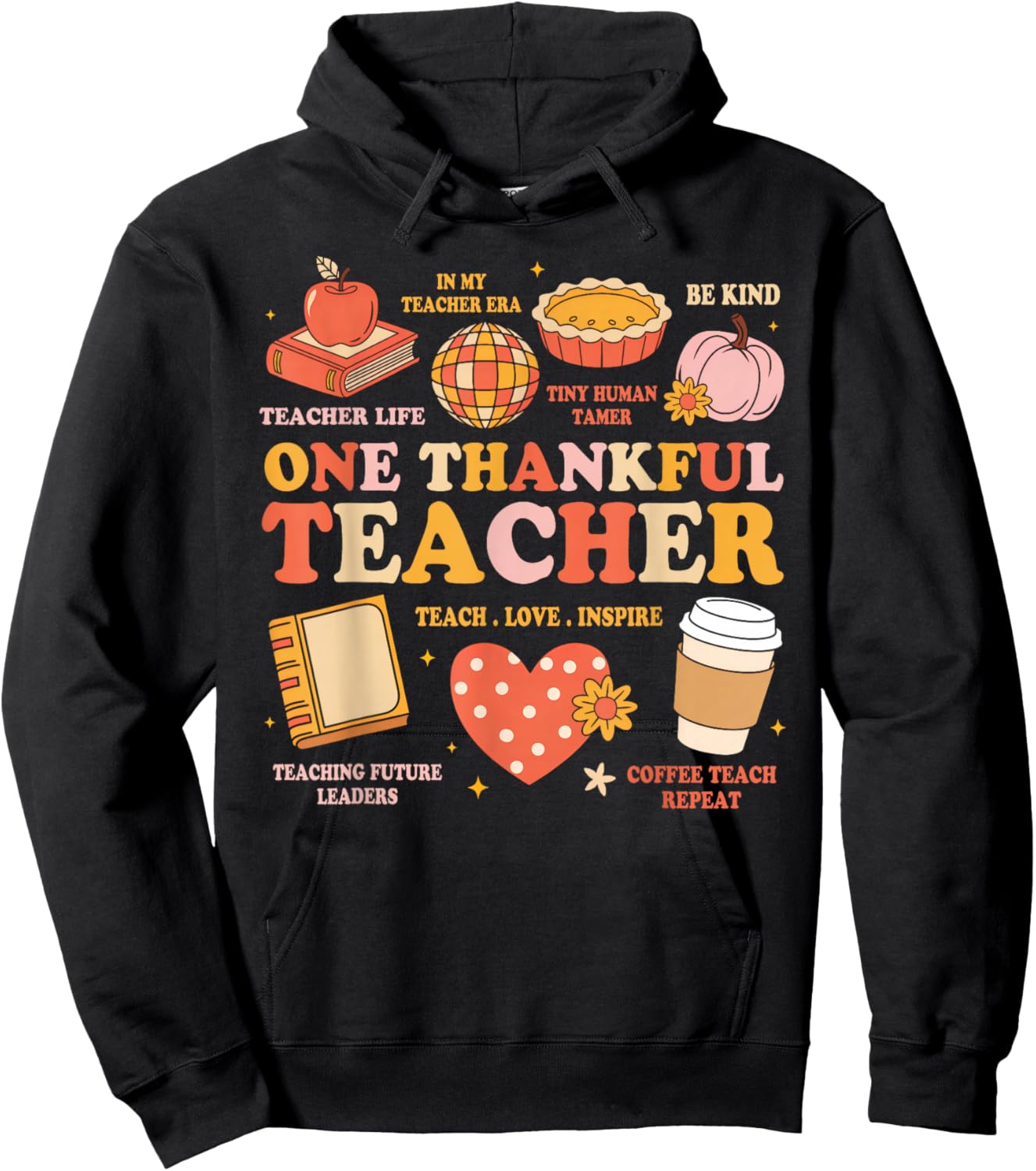 Groovy Teacher Thanksgiving Women One Thankful Teacher Fall Hoodie - Hoodie | Black