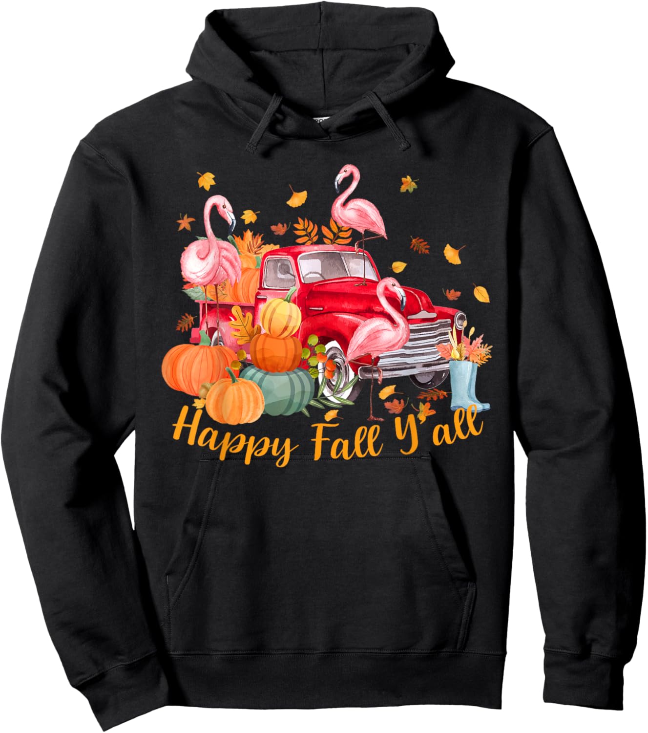 Cute Happy Fall Y'all Flamingo Pumpkin Truck Girls Kids Hoodie - Hoodie | Black