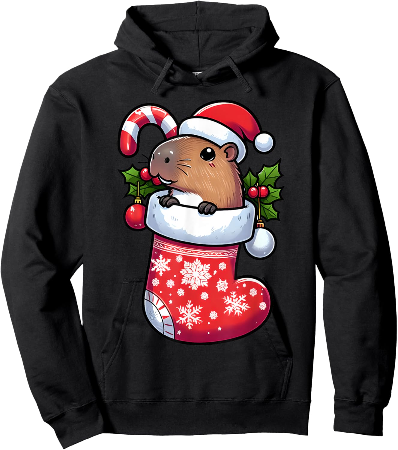 Capybara in Christmas Stocking Candy Cane Santa Hat Pajama Hoodie - Hoodie | Black