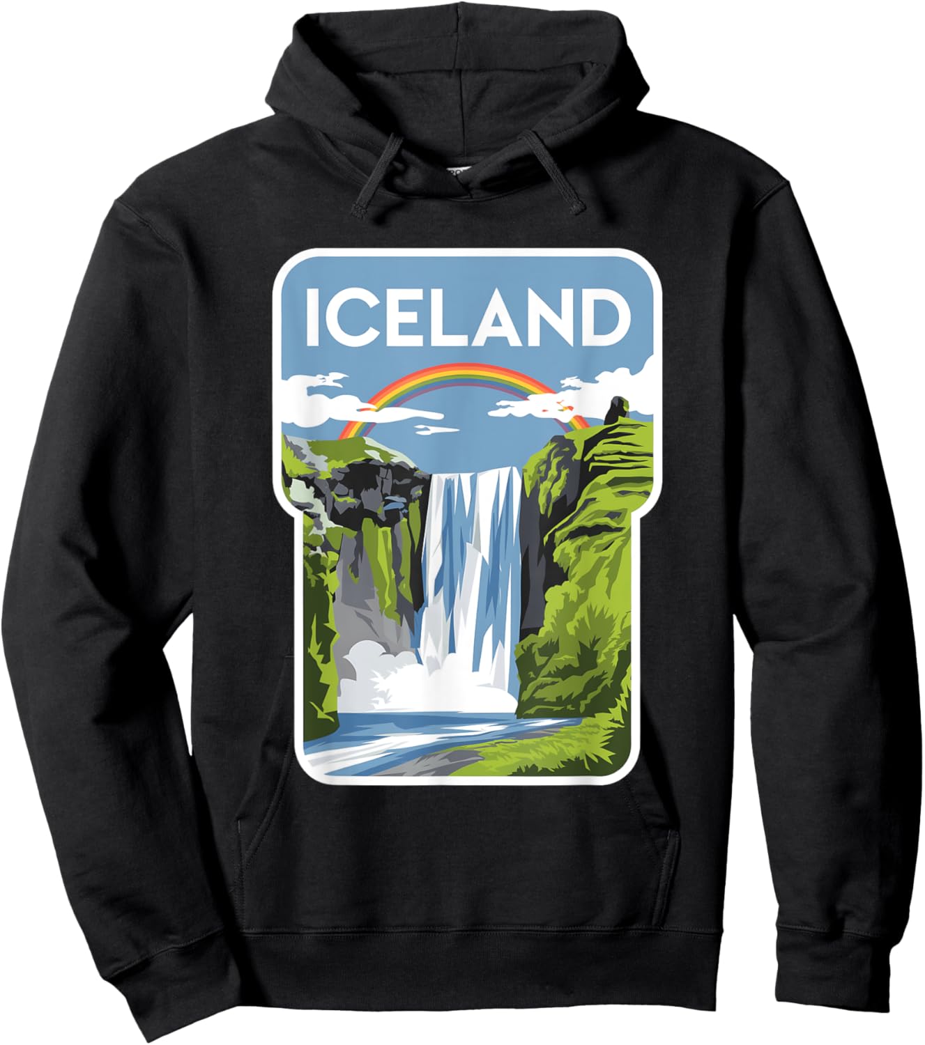 Iceland Waterfall and Rainbow Graphic for Nature Lovers Hoodie - Hoodie | Black