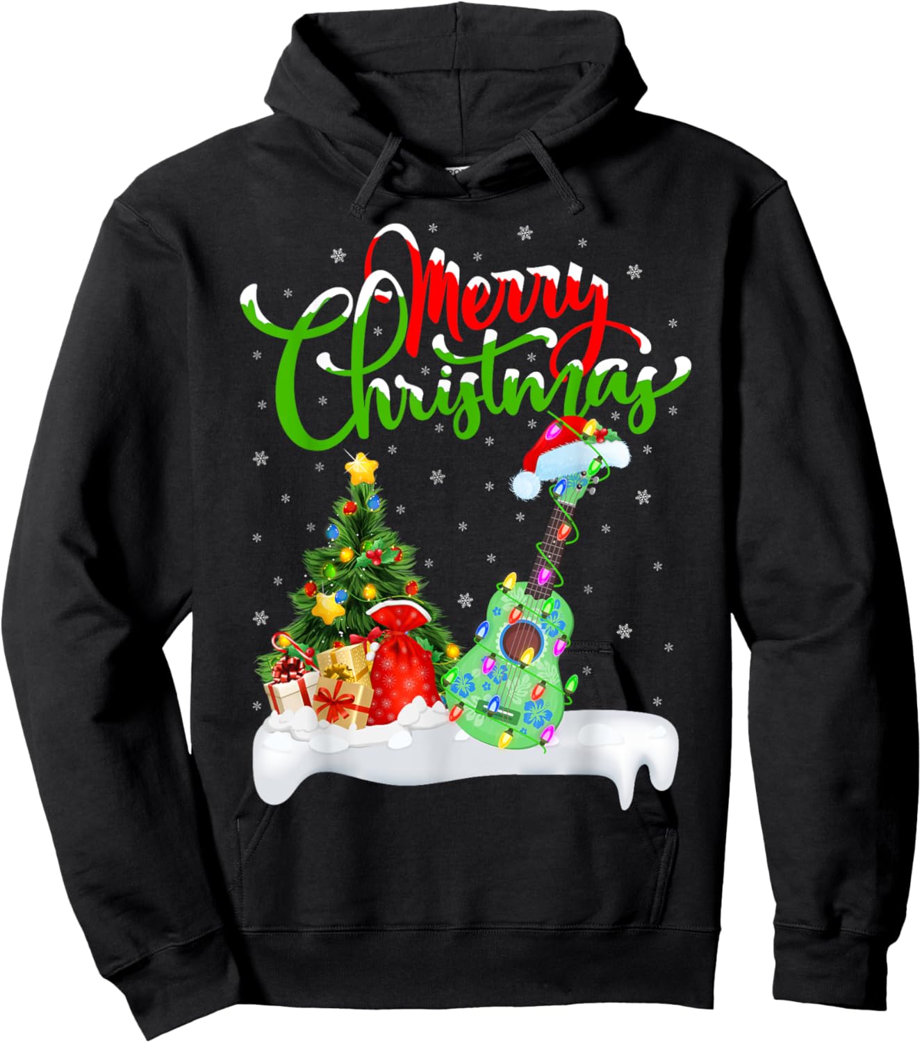 Xmas Tree Lights Santa Hat Musical Ukulele Guitar Christmas Hoodie - Hoodie | Black