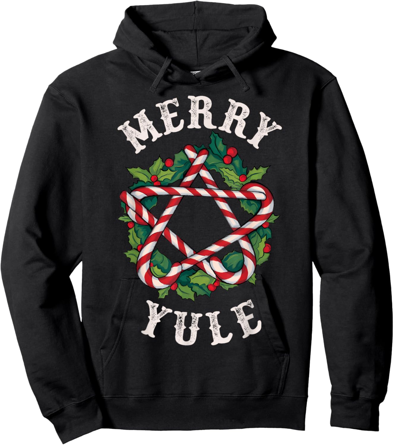 Merry Yule Winter Solstice Holly Christmas Pagan Pentagram Hoodie - Hoodie | Black