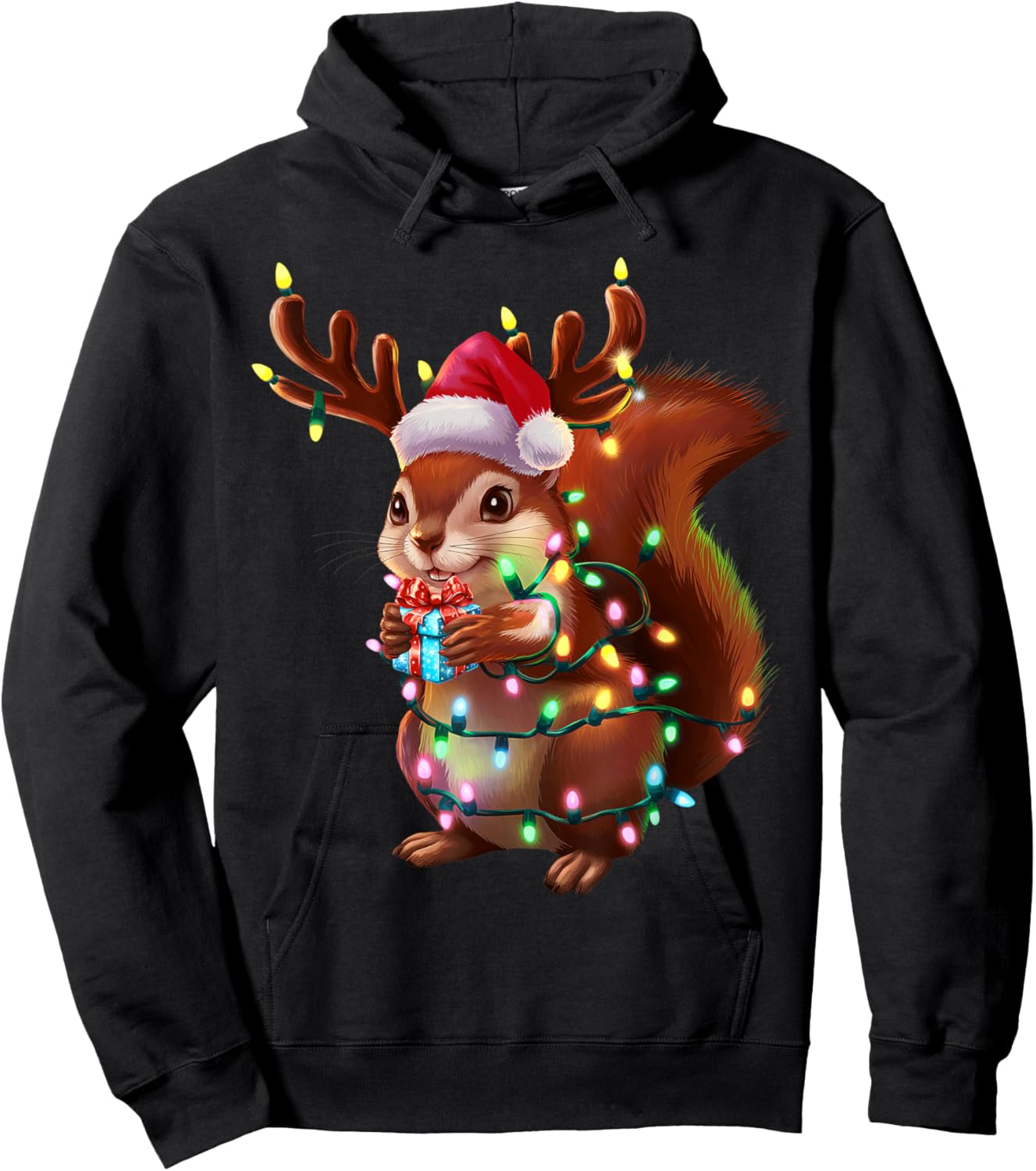 Squirrel Christmas Tree Lights Funny Xmas Family Men Women Hoodie - Hoodie | Black