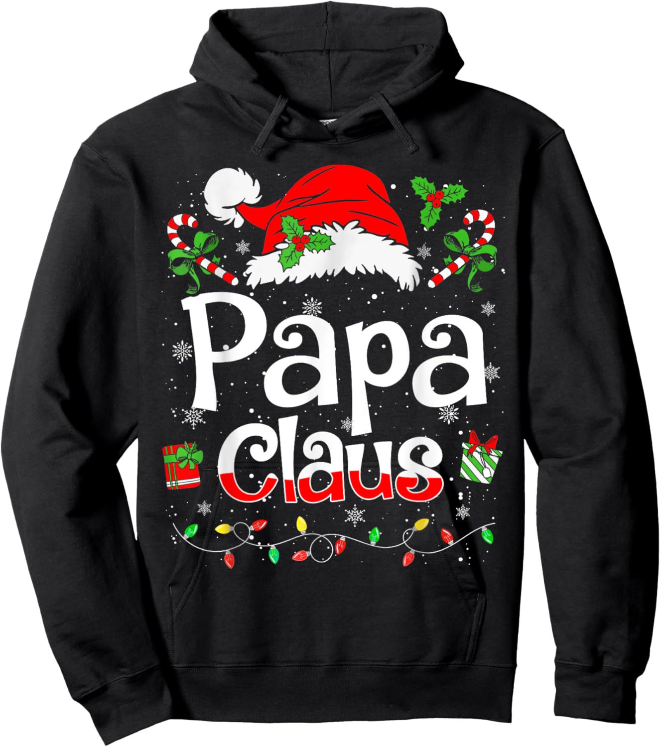 Papa Claus Shirt Christmas Lights Pajama Family Matching Hoodie - Hoodie | Black