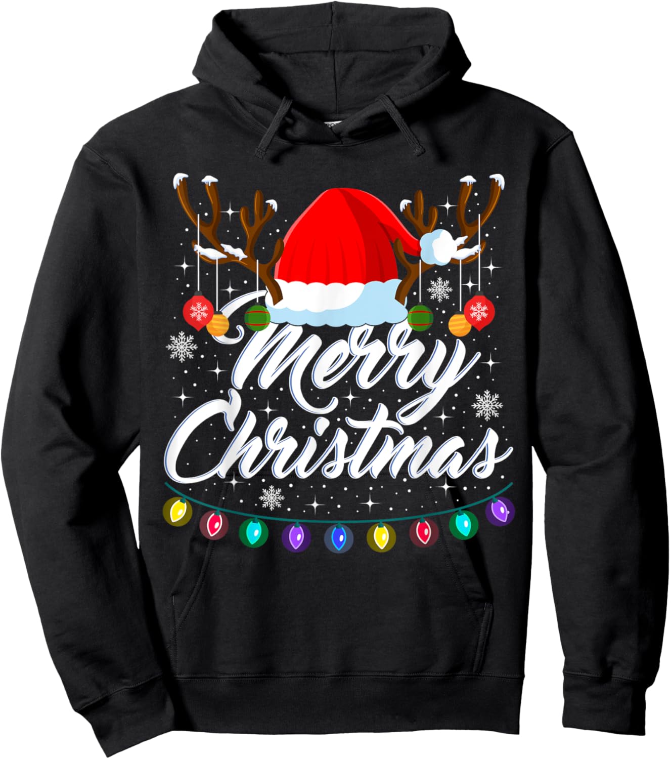 Merry Christmas Red Santa Hat Reindeer Xmas Matching Family Hoodie - Hoodie | Black