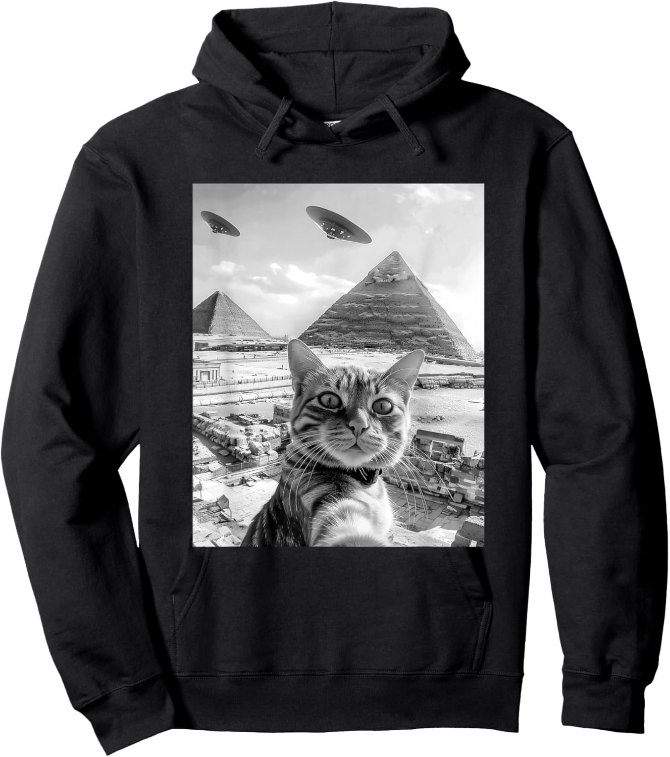 Funny Cat Selfie with Pyramids Alien UFOs Men Women Girls Kids Hoodie - Hoodie | Black