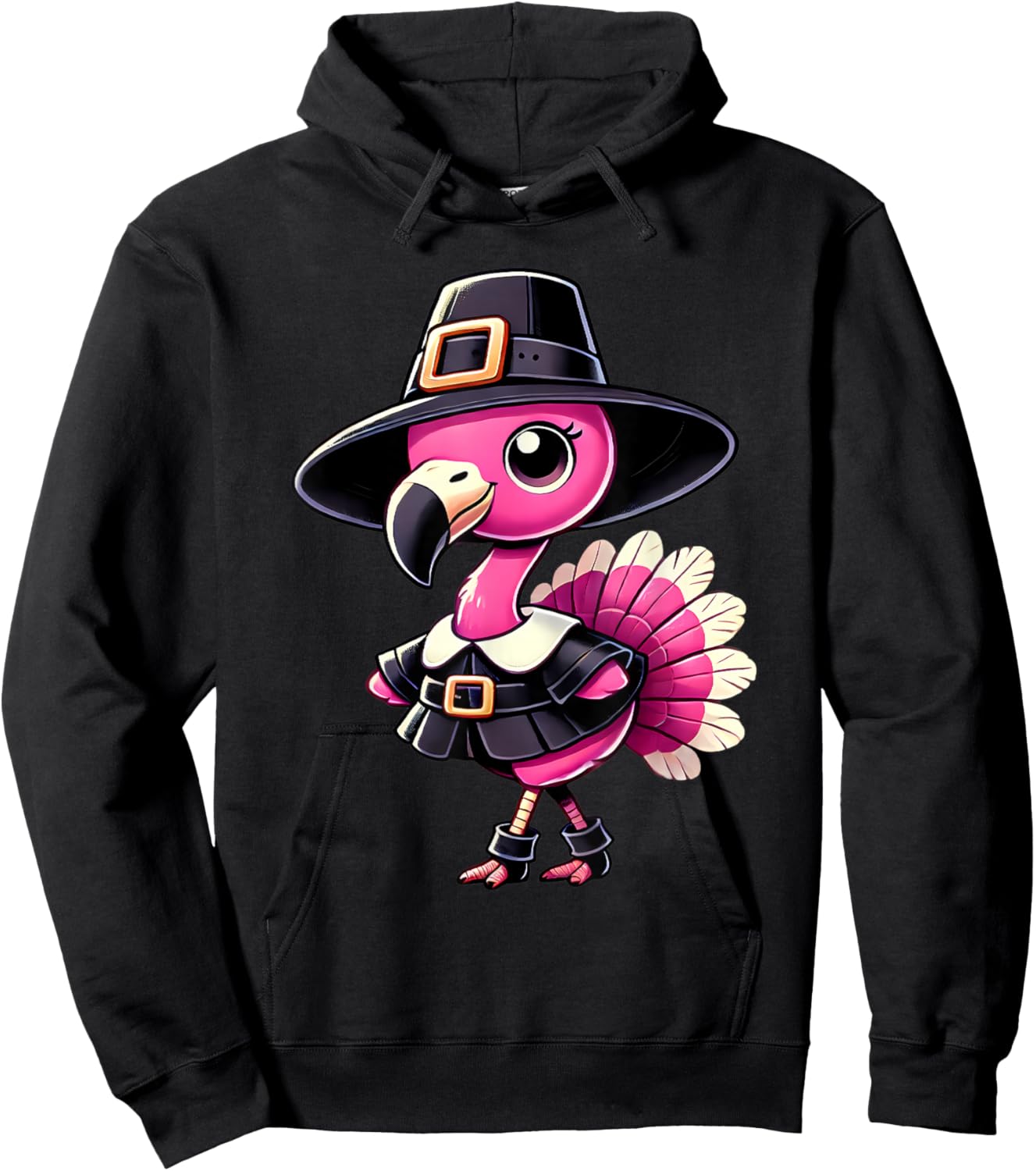 Cute Flamingo Pilgrim Hat Thanksgiving Fall Men Women Kids Hoodie - Hoodie | Black