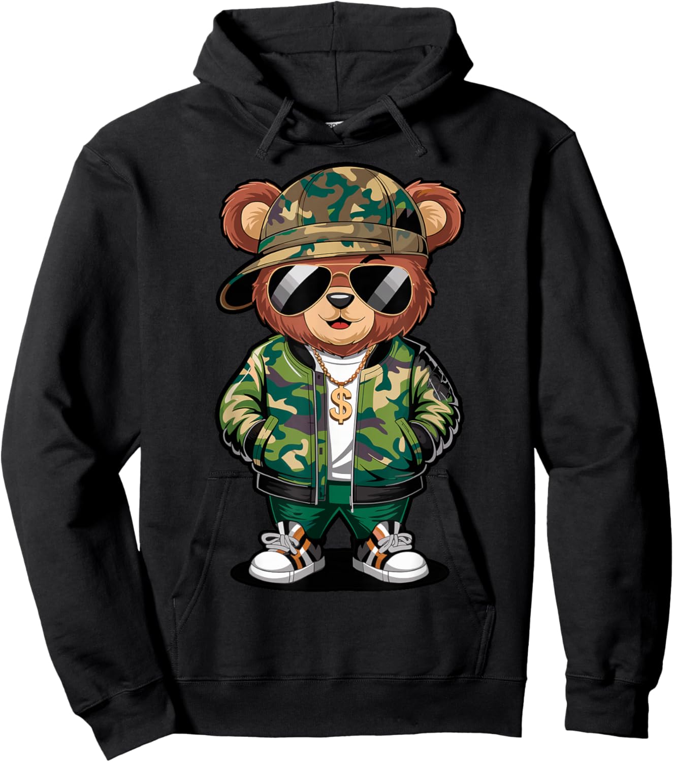 Hip Hop Teddy Bear Camouflage Rap Music Hoodie - Hoodie | Black