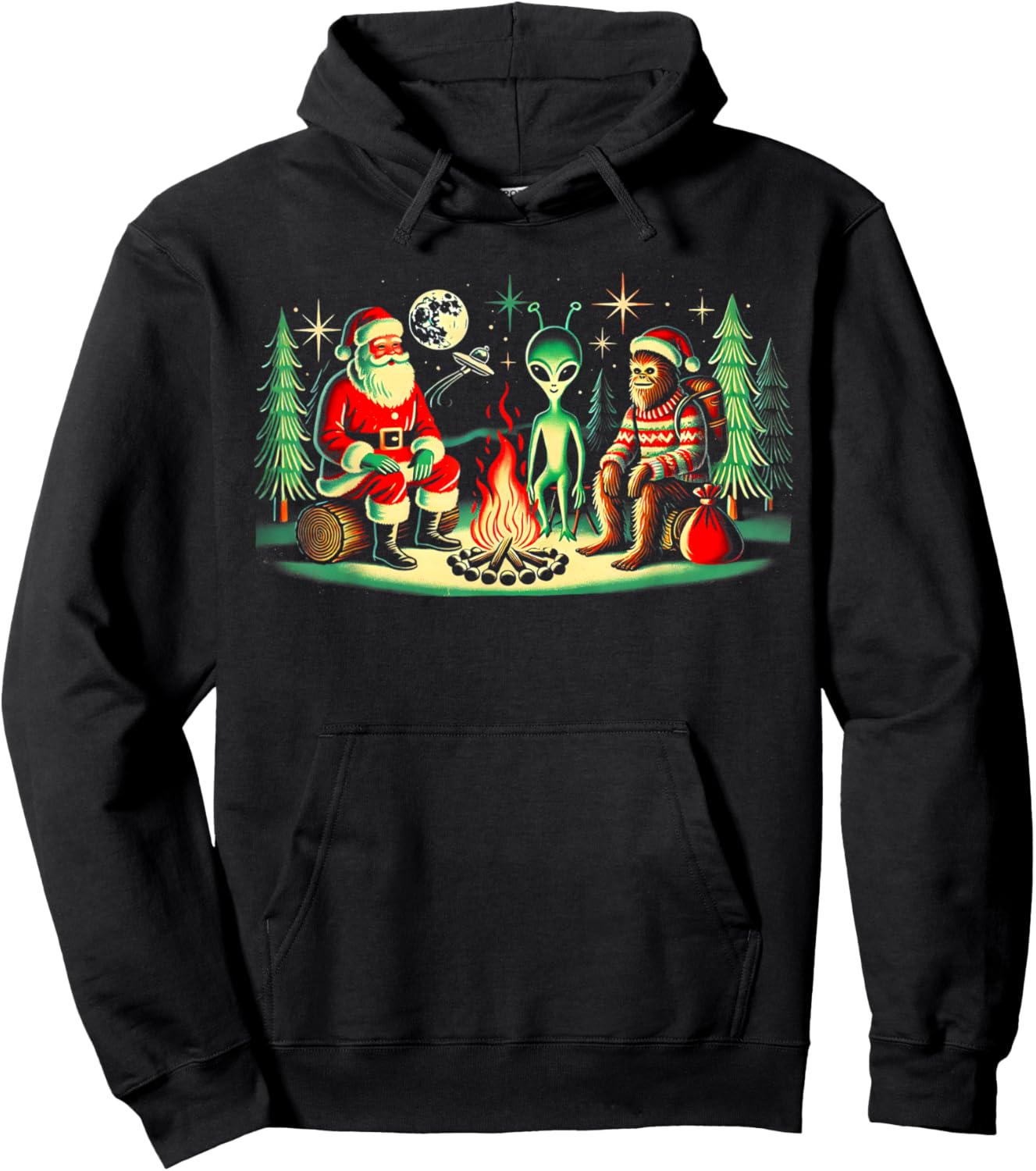 Santa Bigfoot and Alien Sat Around a Fire at Camp, Christmas Hoodie - Hoodie | Black
