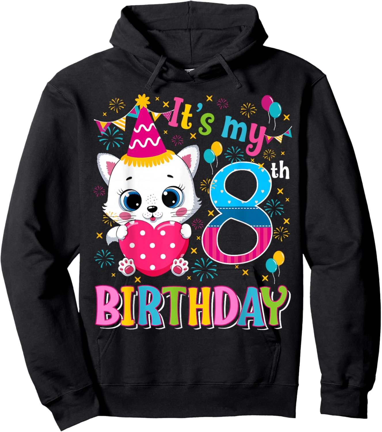 8th Birthday Cat Shirt Girls Kitten Birthday Girl 8 Year Old Hoodie - Hoodie | Black