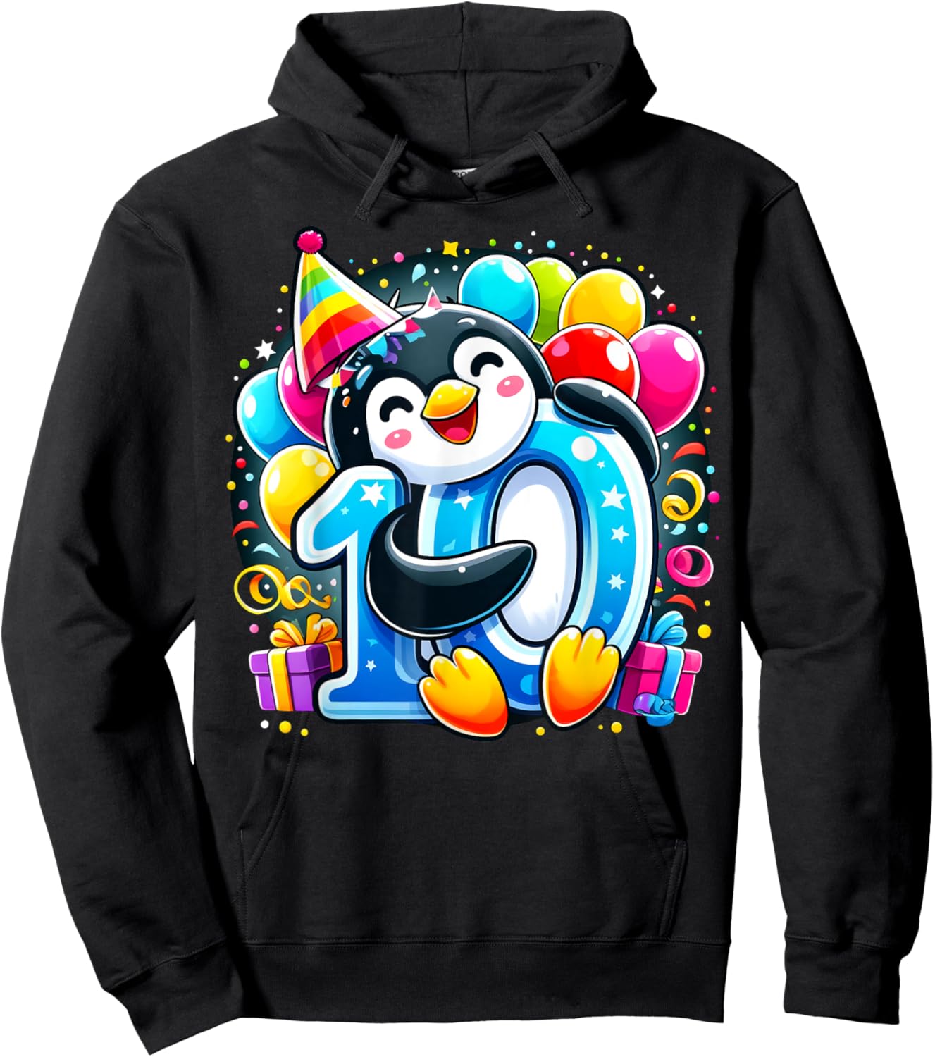 Kids Penguin Theme tenth Bday Party 10th Penguin Birthday Hoodie - Hoodie | Black