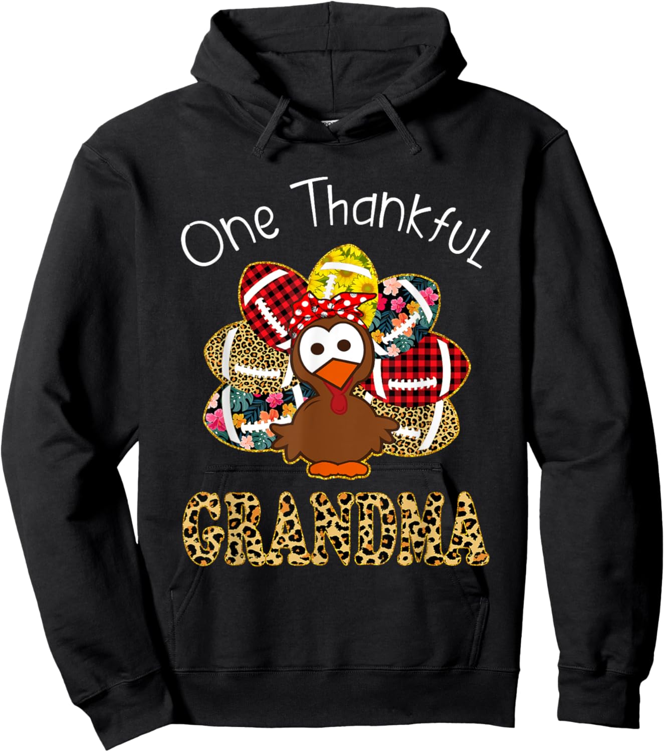 One Thankful Grandma Turkey Leopard Fall Thanksgiving Gift Hoodie - Hoodie | Black