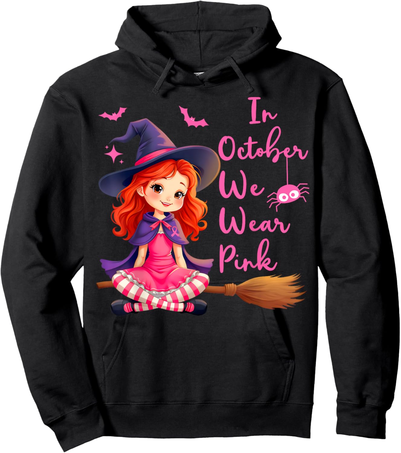 In October We Wear Pink Witch broom Breast Cancer Halloween Hoodie - Hoodie | Black