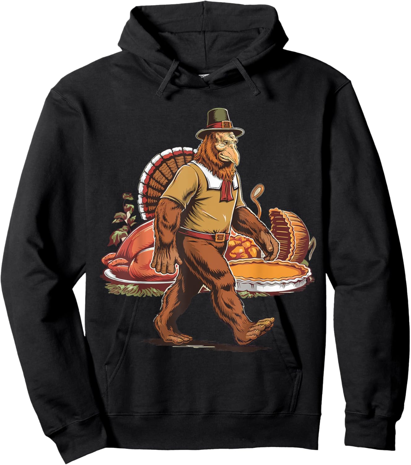 Bigfoot Pilgrim Turkey Pumpkin Thanksgiving Day Boys Men Hoodie - Hoodie | Black