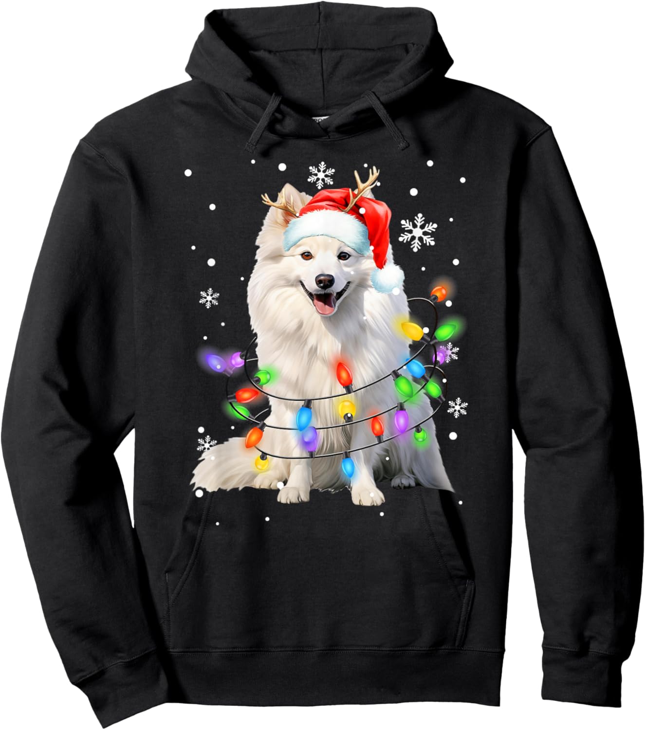 American Eskimo dog Christmas Sweater Dog Xmas Lights Men Women Kids Hoodie - Hoodie | Black