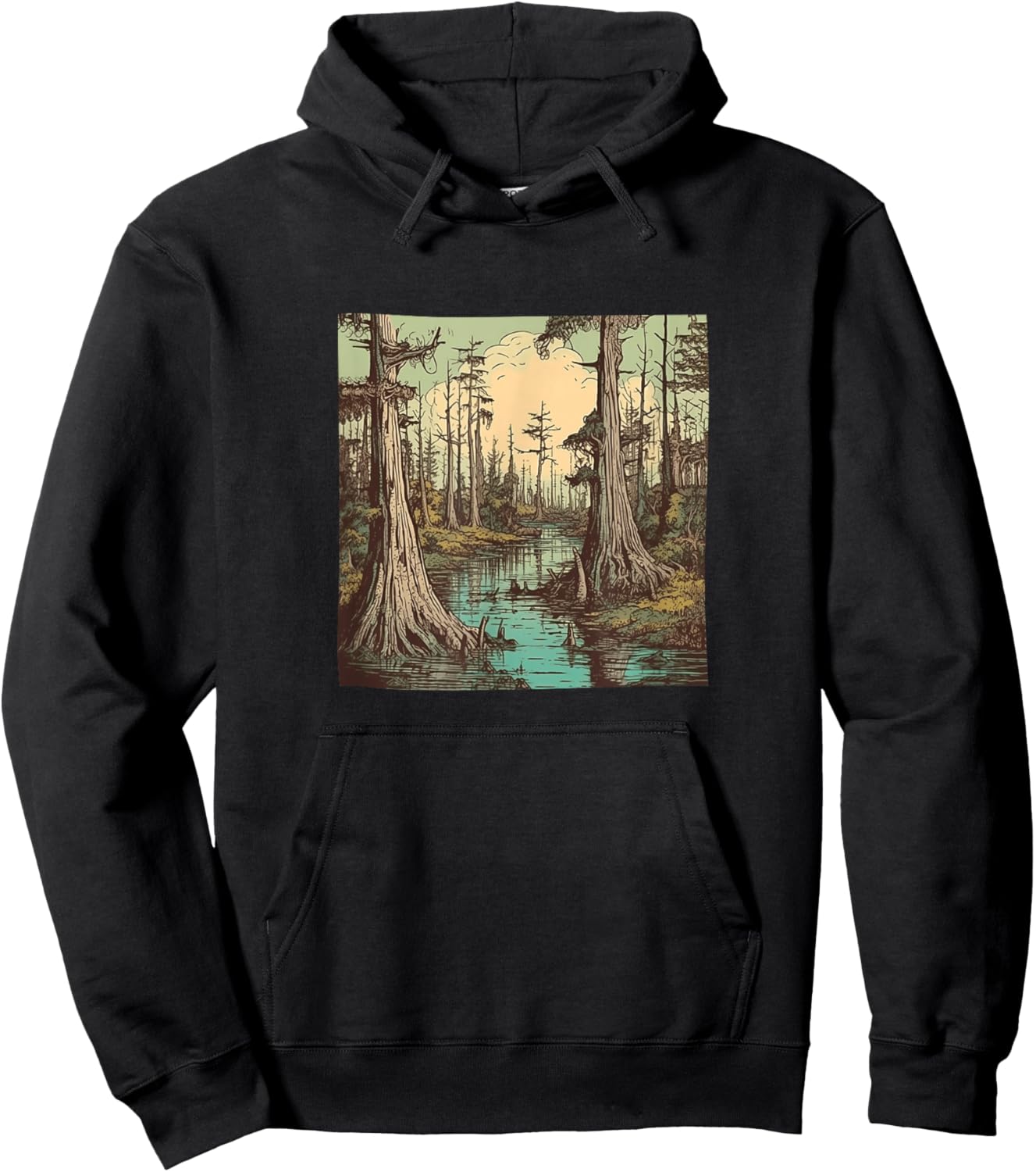 Swamp With Cypress Trees Vintage Landscape Graphic Hoodie - Hoodie | Black
