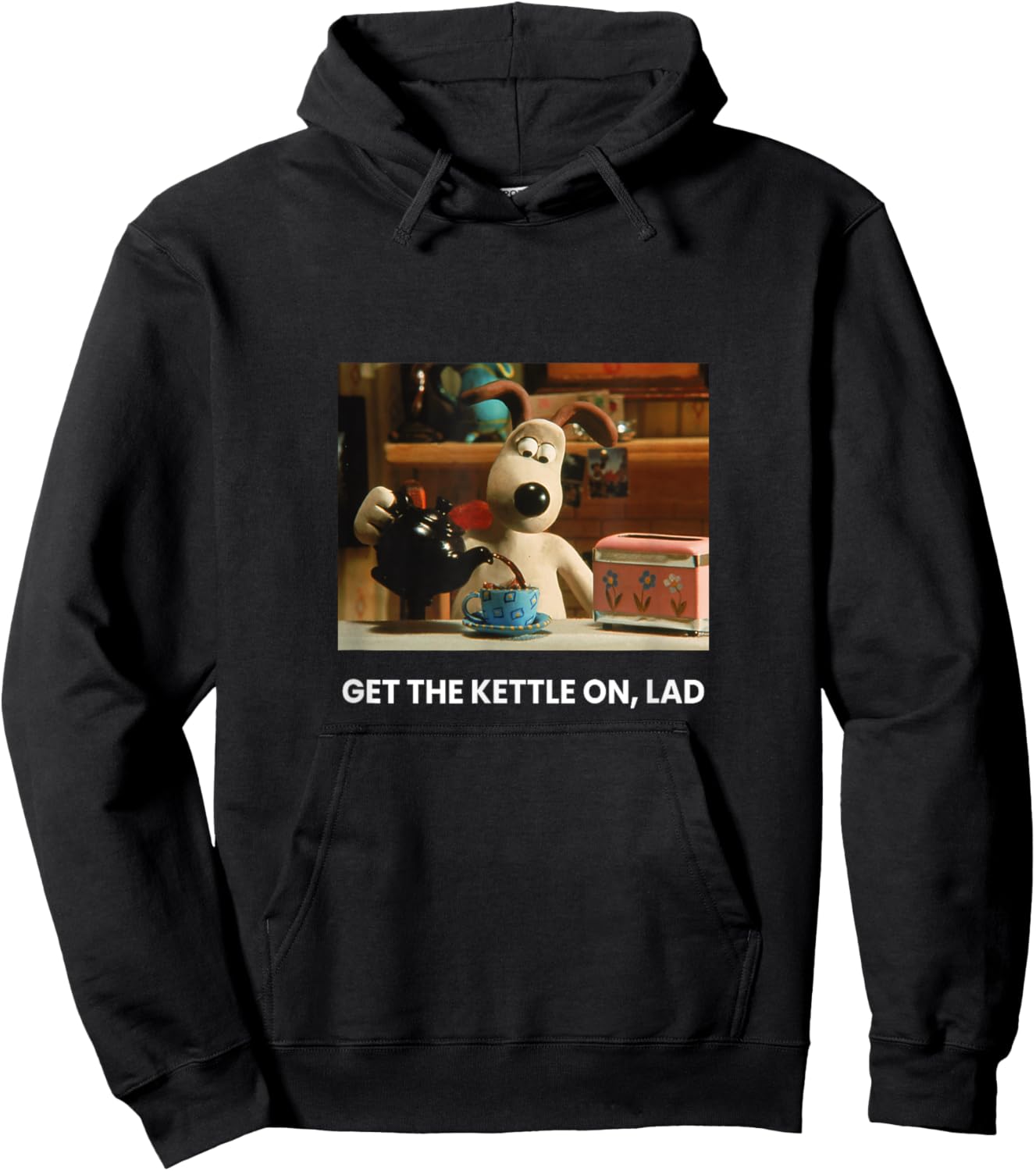 Wallace & Gromit Get The Kettle On Lad Logo - Adults, Black, Small, Short Sleeve, Cotton, Loose Fit, Printed Logo Hoodie - Hoodie | Black