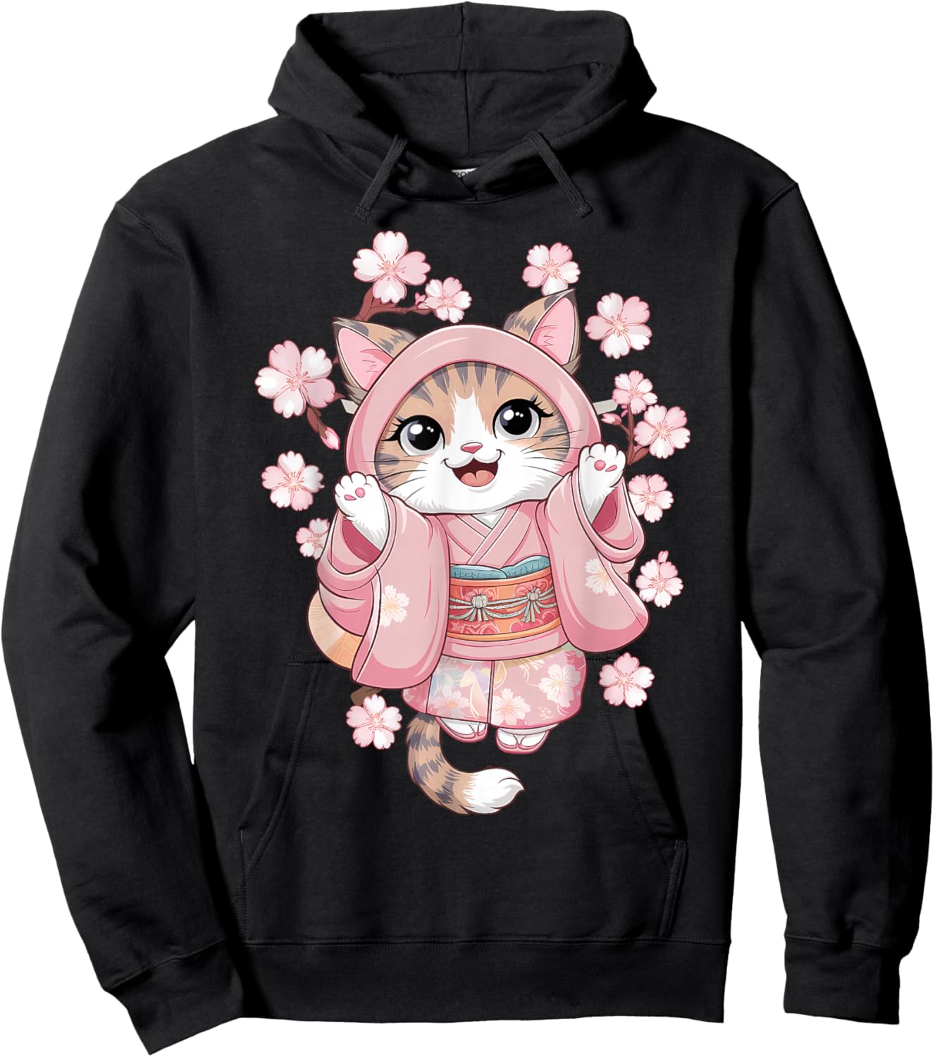 Cherry Blossom Japanese Anime Kawaii Cat Kimono Dress Hoodie - Hoodie | Black