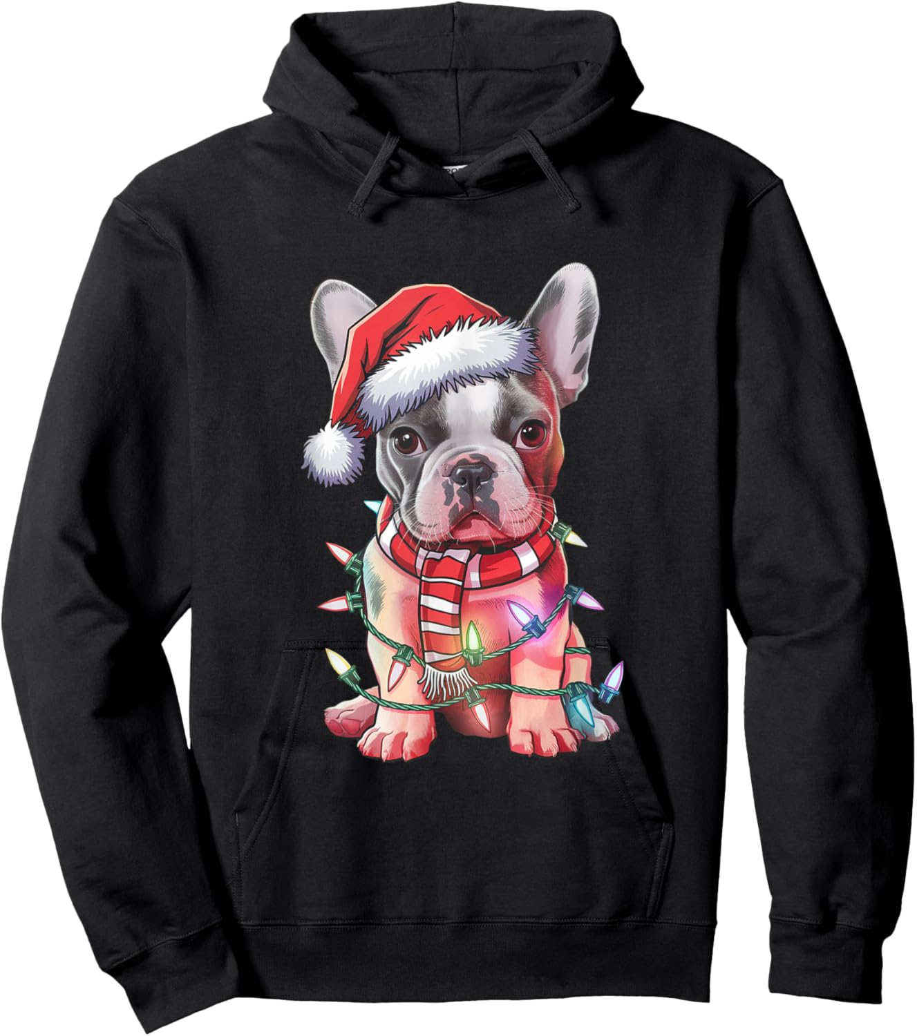Christmas Lights French Bulldog Santa Hat Funny Dog Xmas Men Women Kids Hoodie - Hoodie | Black