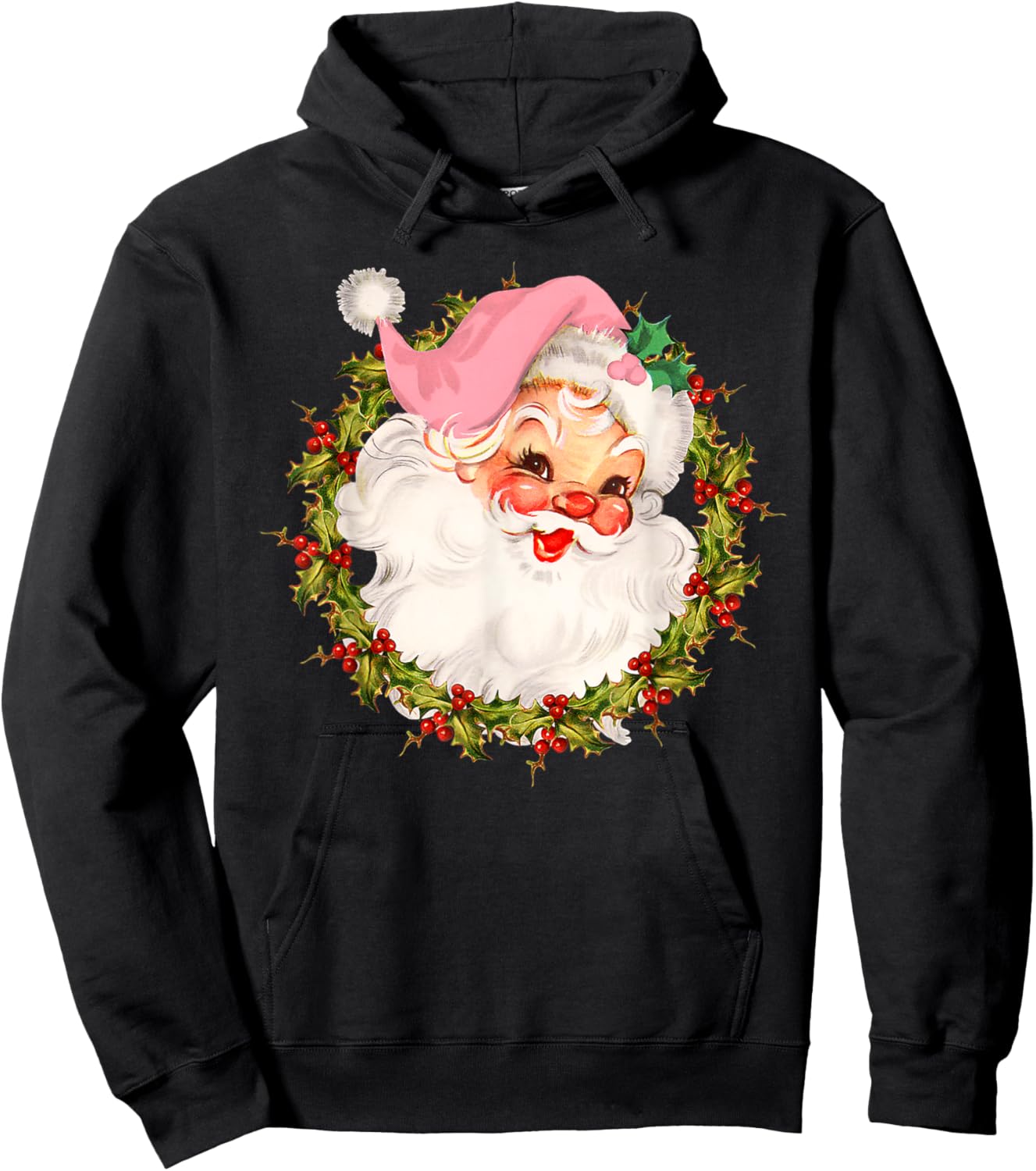 Vintage Pink Santa Claus Merry Christmas Pajamas Xmas Women Hoodie - Hoodie | Black