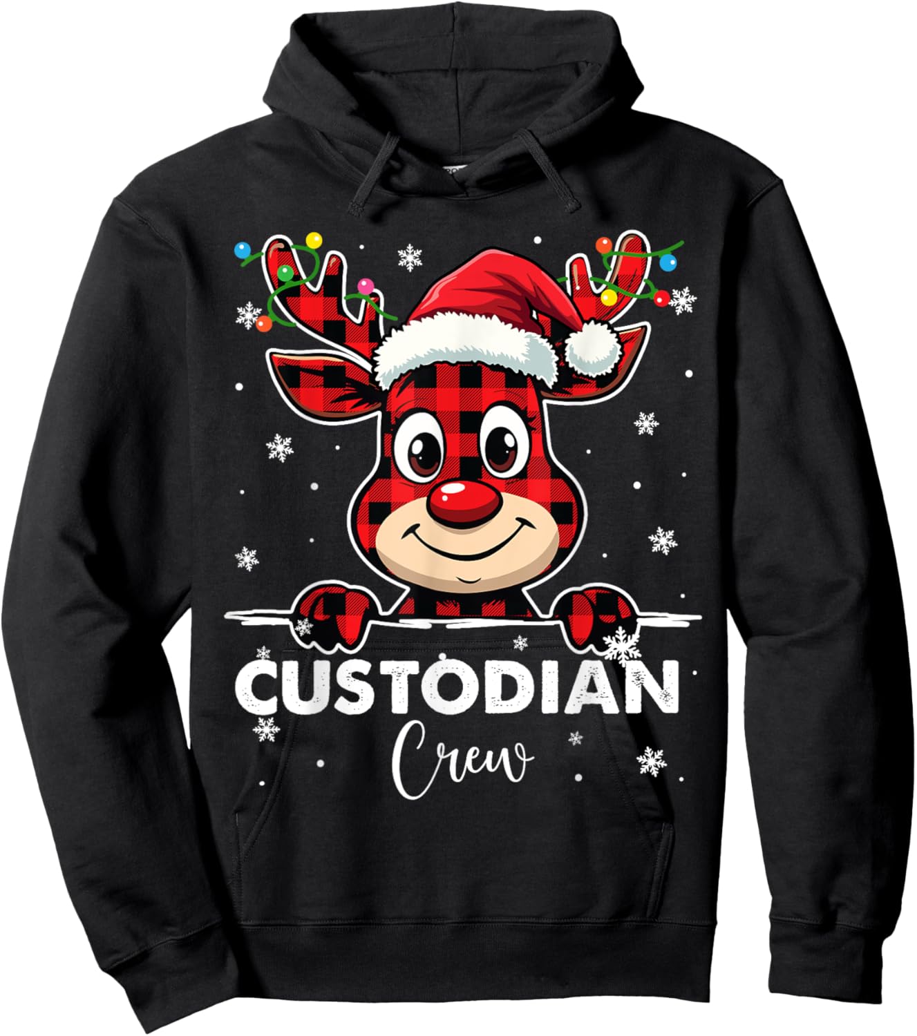 Funny Red Plaid Reindeer Custodian Crew Christmas Merry Xmas Hoodie - Hoodie | Black