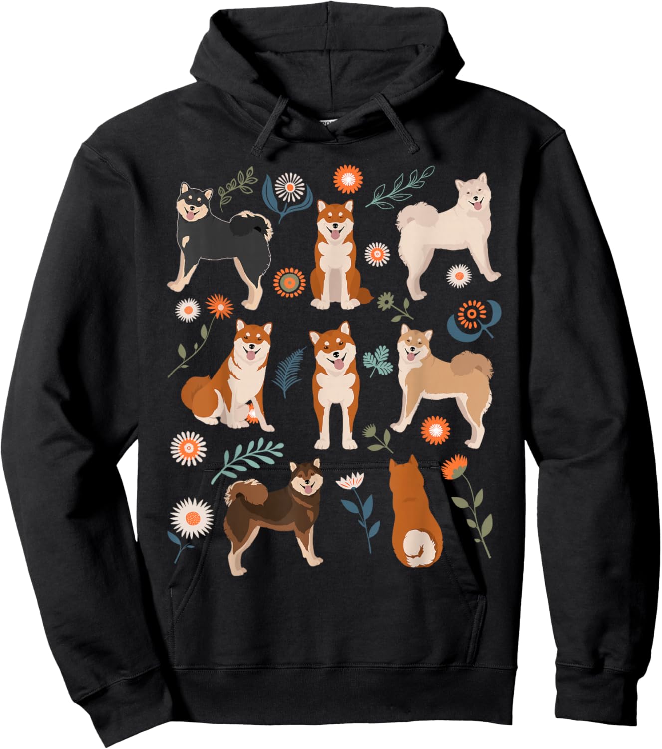 Shiba Inu Dog Flowers, Cute Pet Red Black Tan White Sesame Hoodie - Hoodie | Black