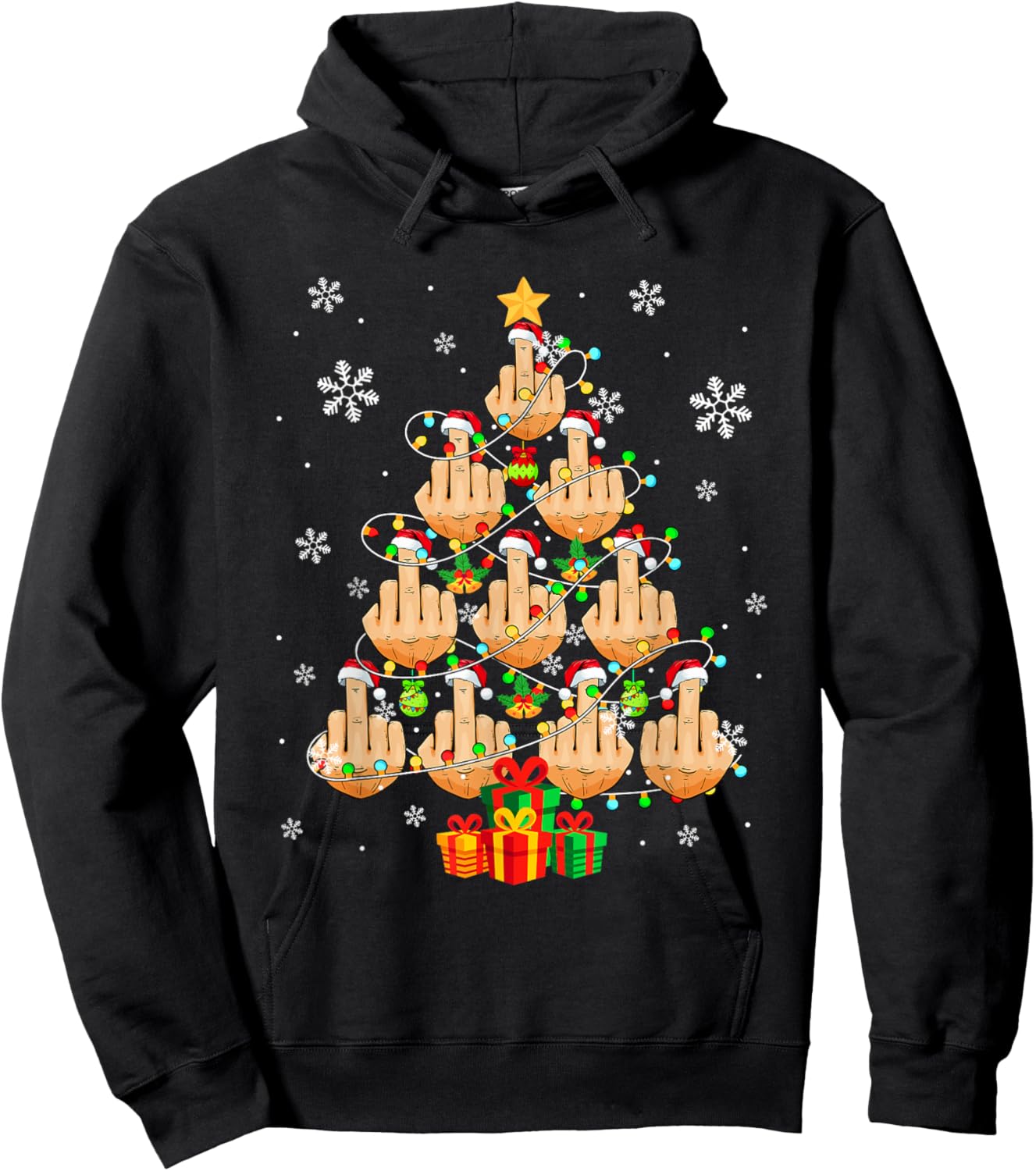 Santa Middle Fingers Christmas Tree Sarcastic Costume Adult Hoodie - Hoodie | Black